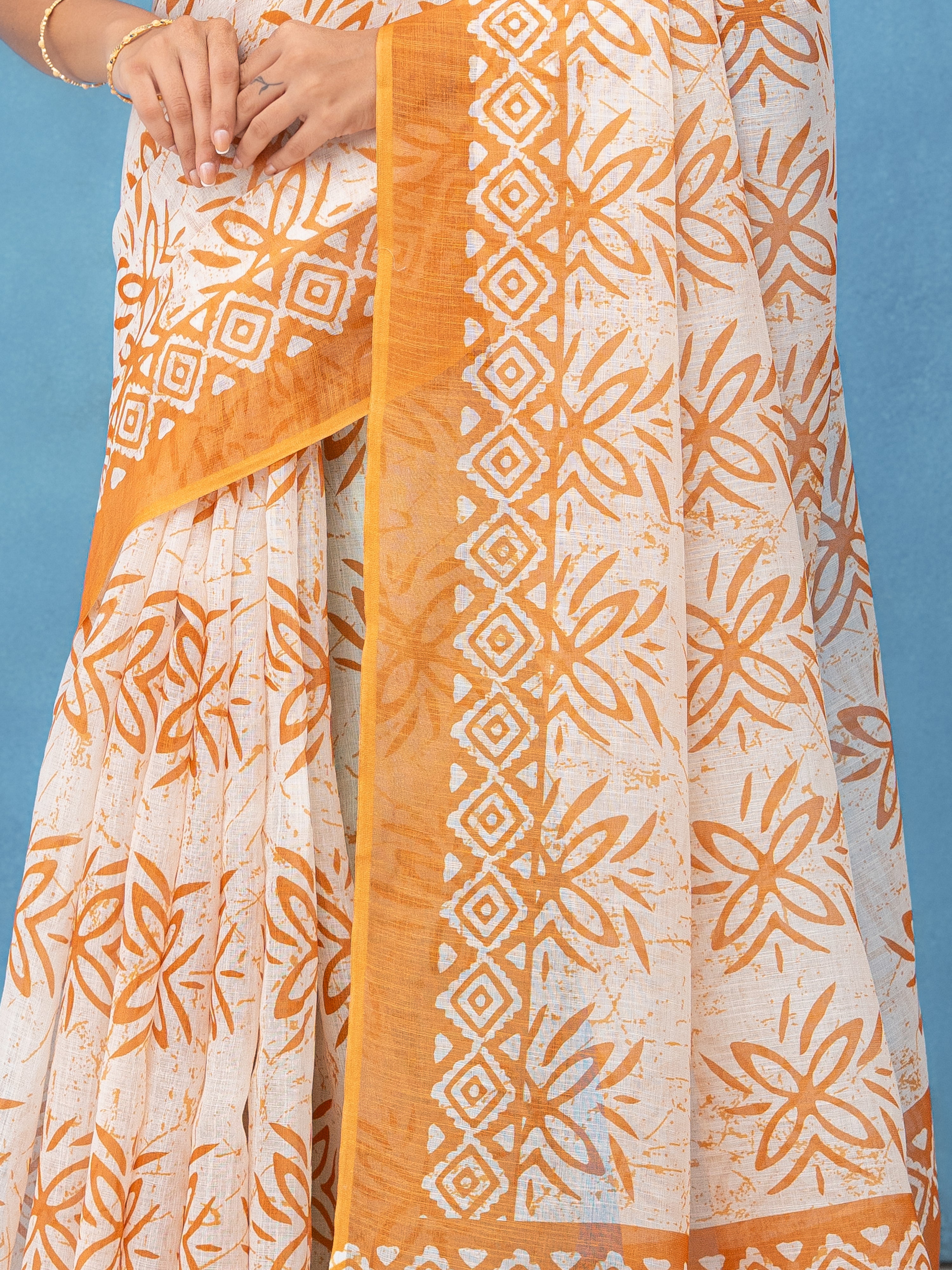 Orange Cotton Linen Saree