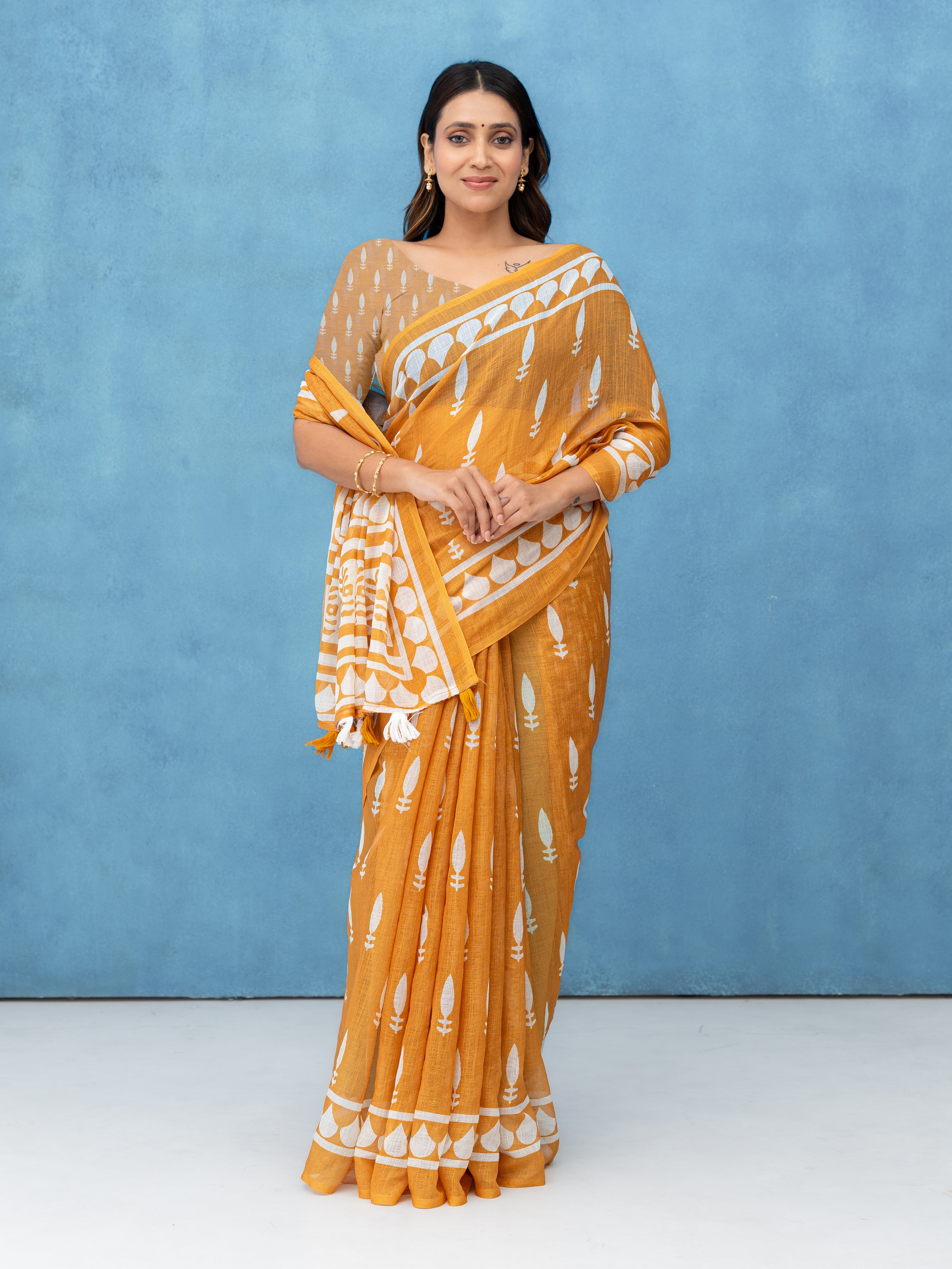 Mustard Cotton Linen Saree
