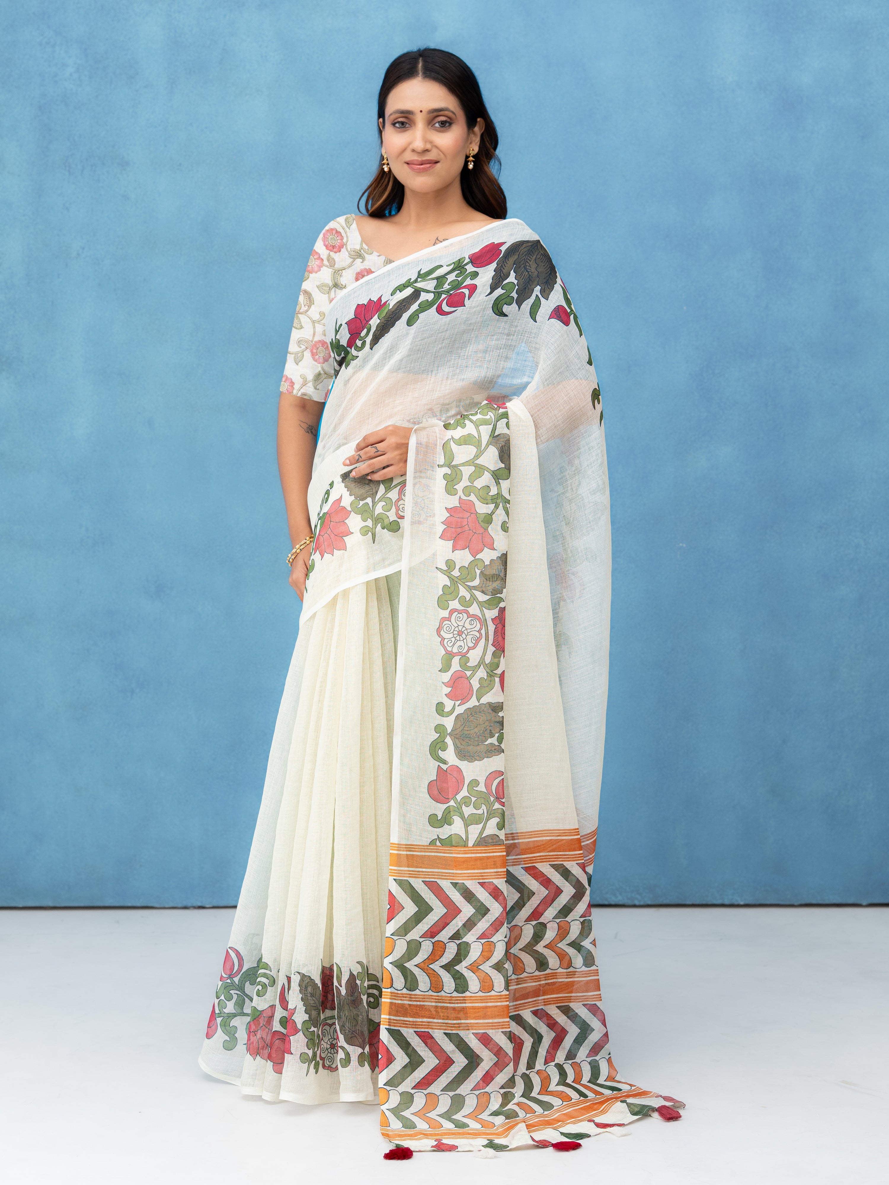 Off-White Cotton Linen Saree