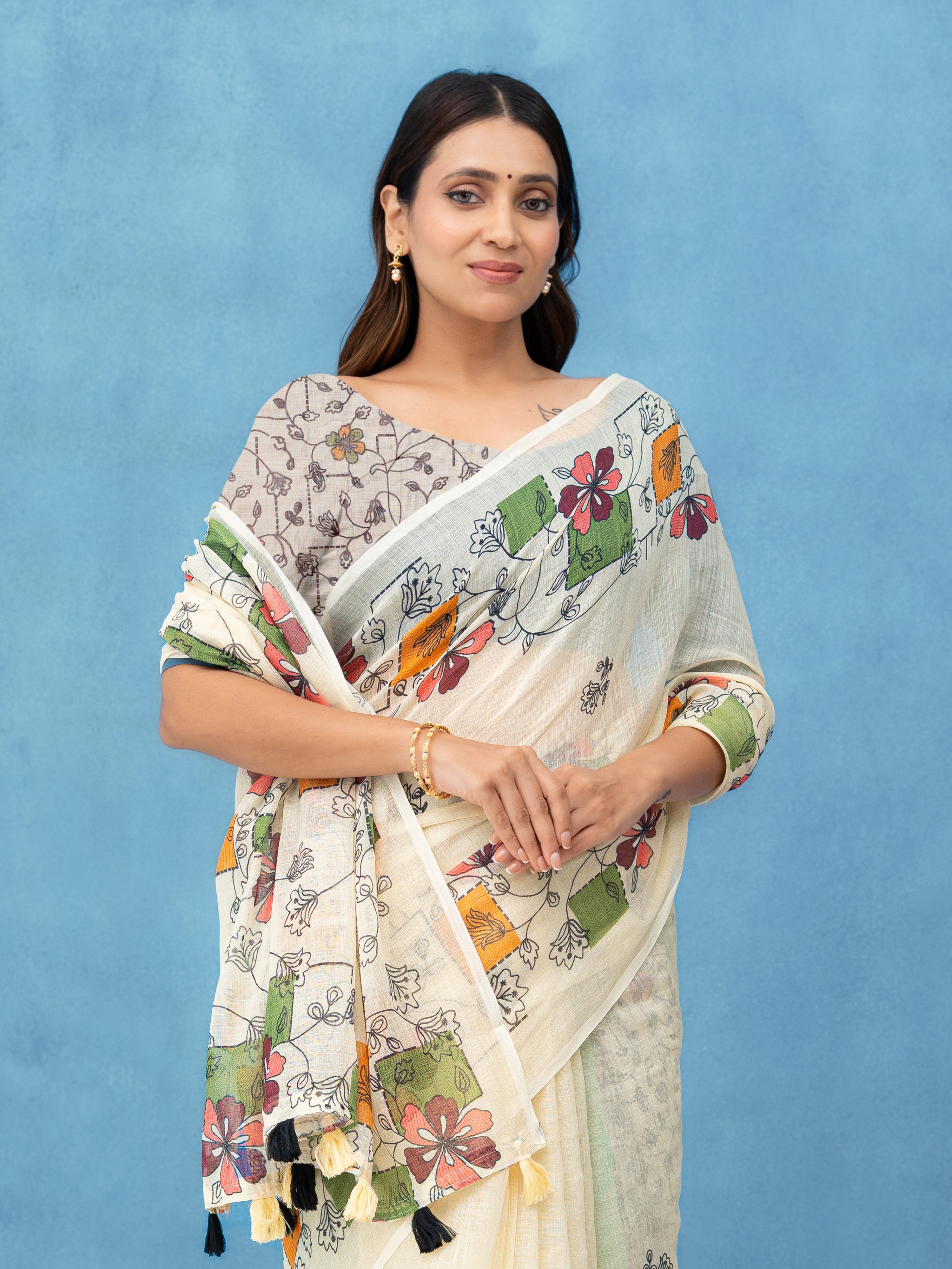 Off-White Cotton Linen Saree