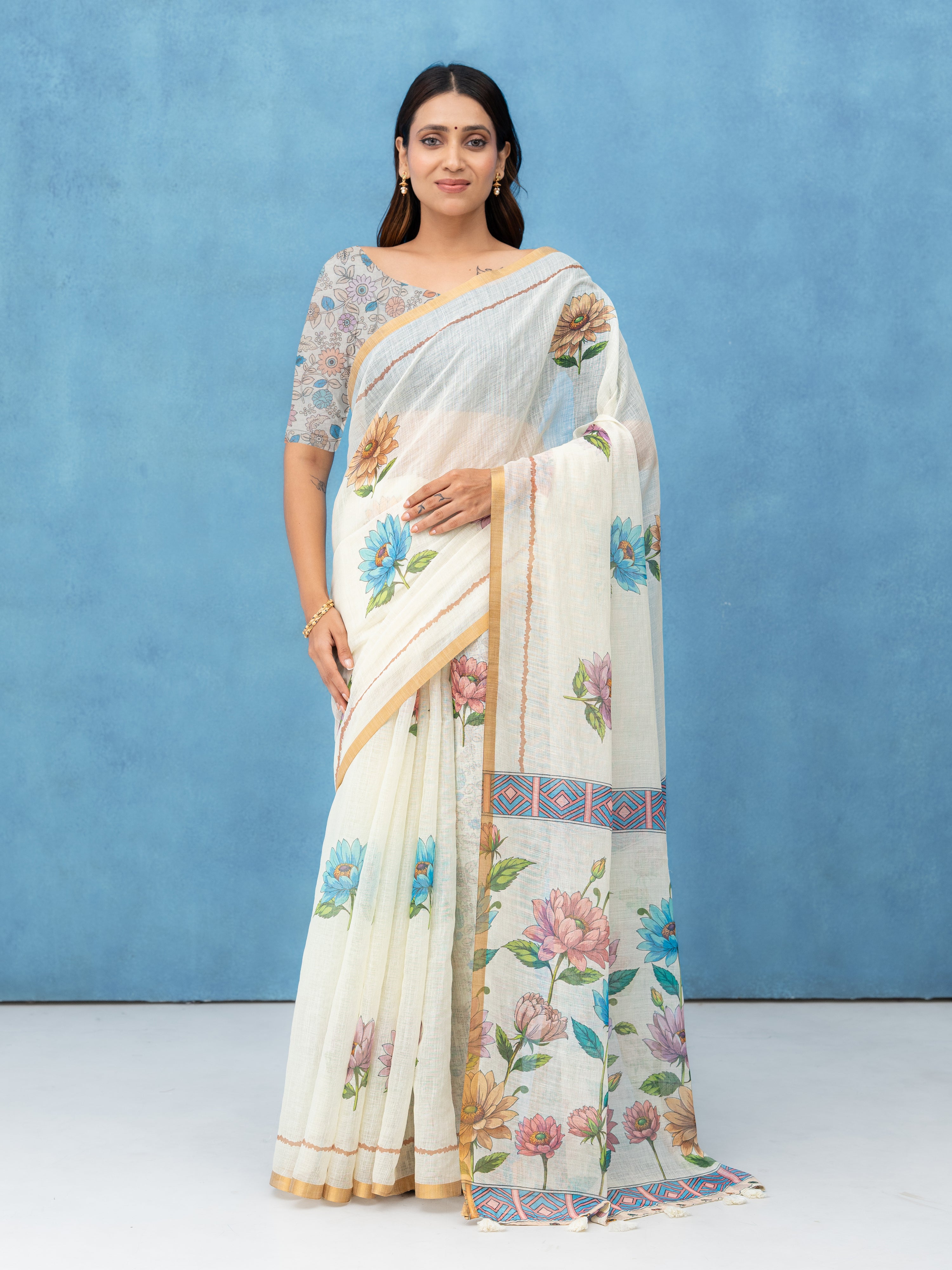 Off-White Cotton Linen Saree