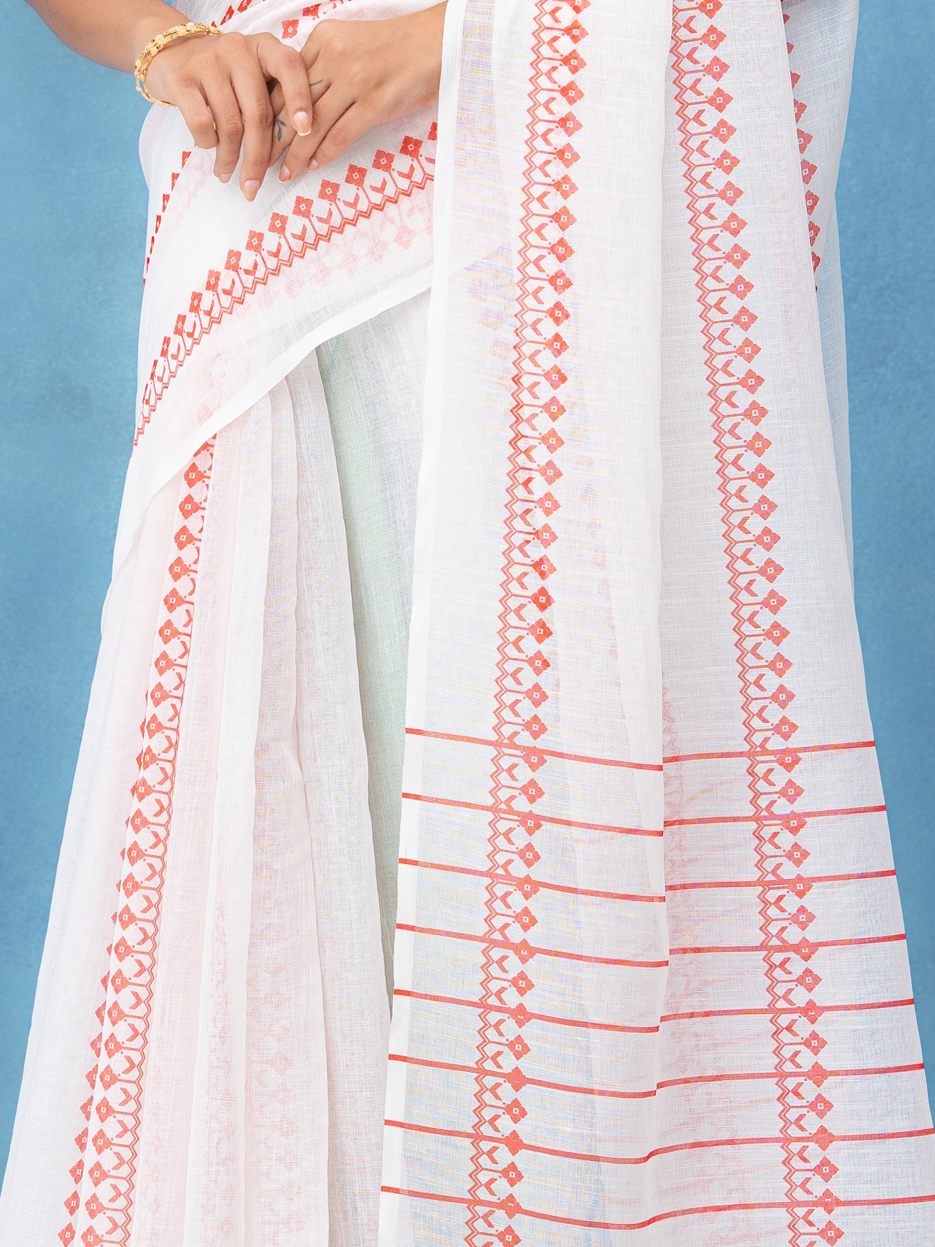 White & Red Cotton Linen Saree