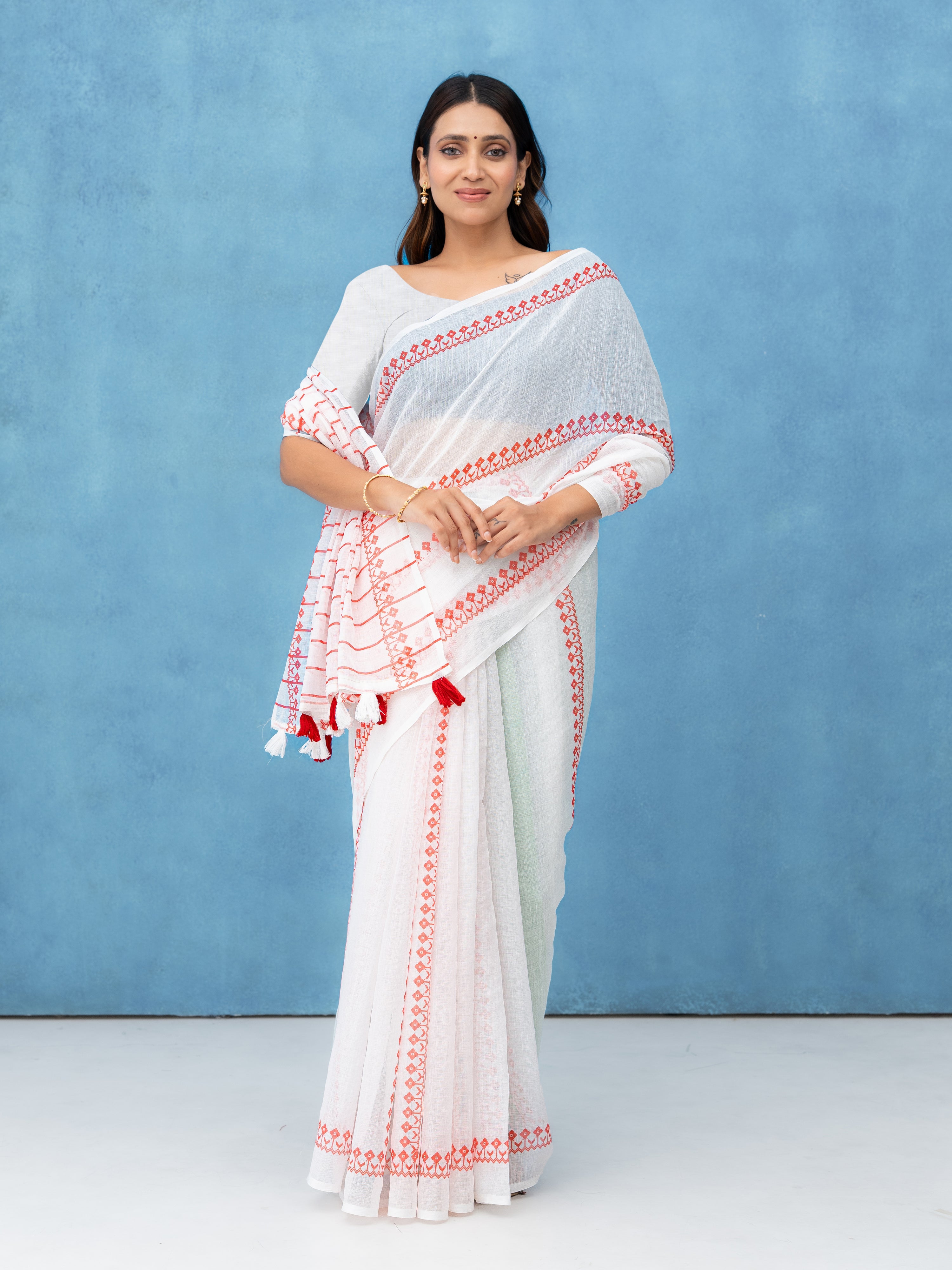 White & Red Cotton Linen Saree