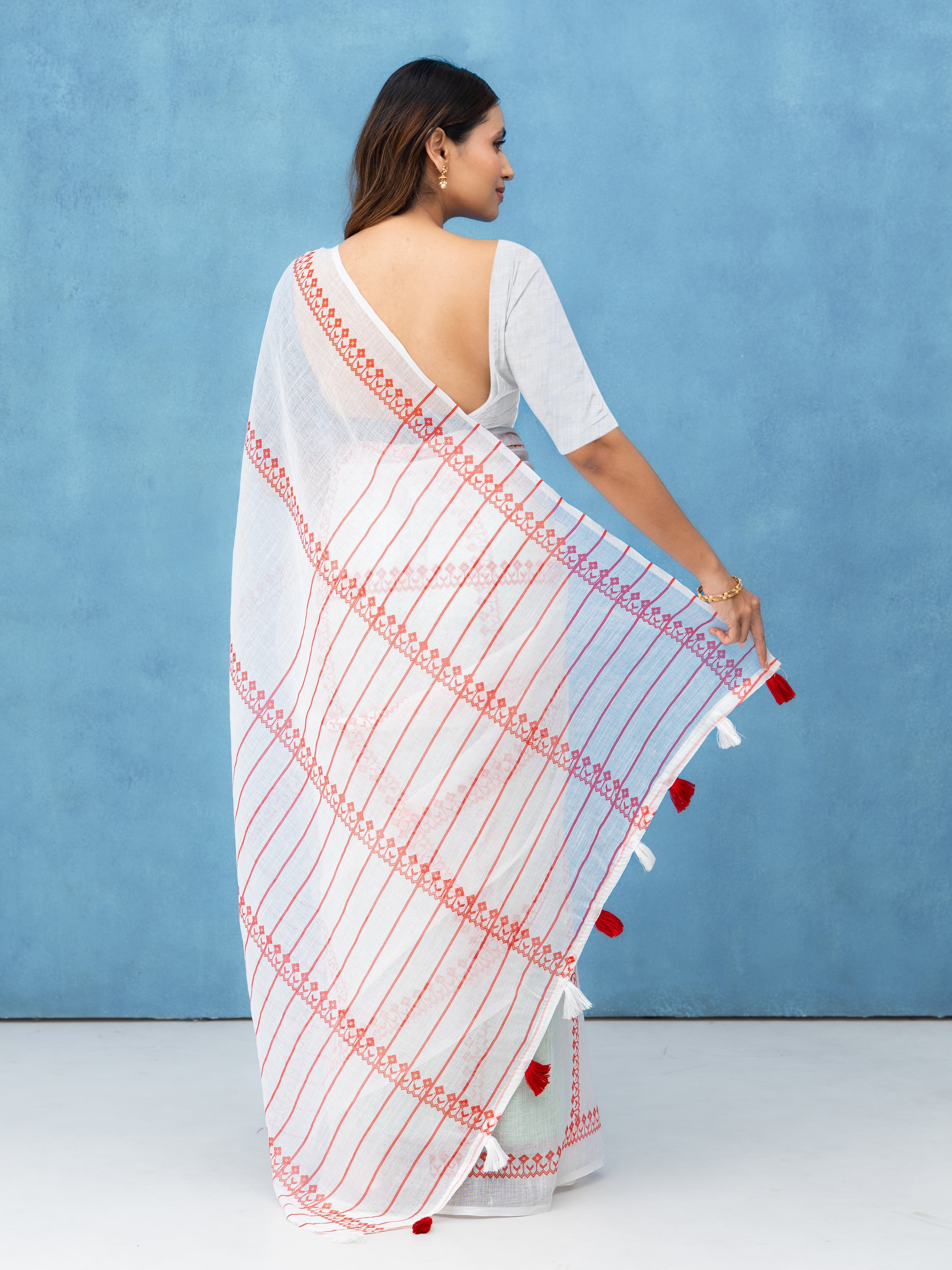 White & Red Cotton Linen Saree