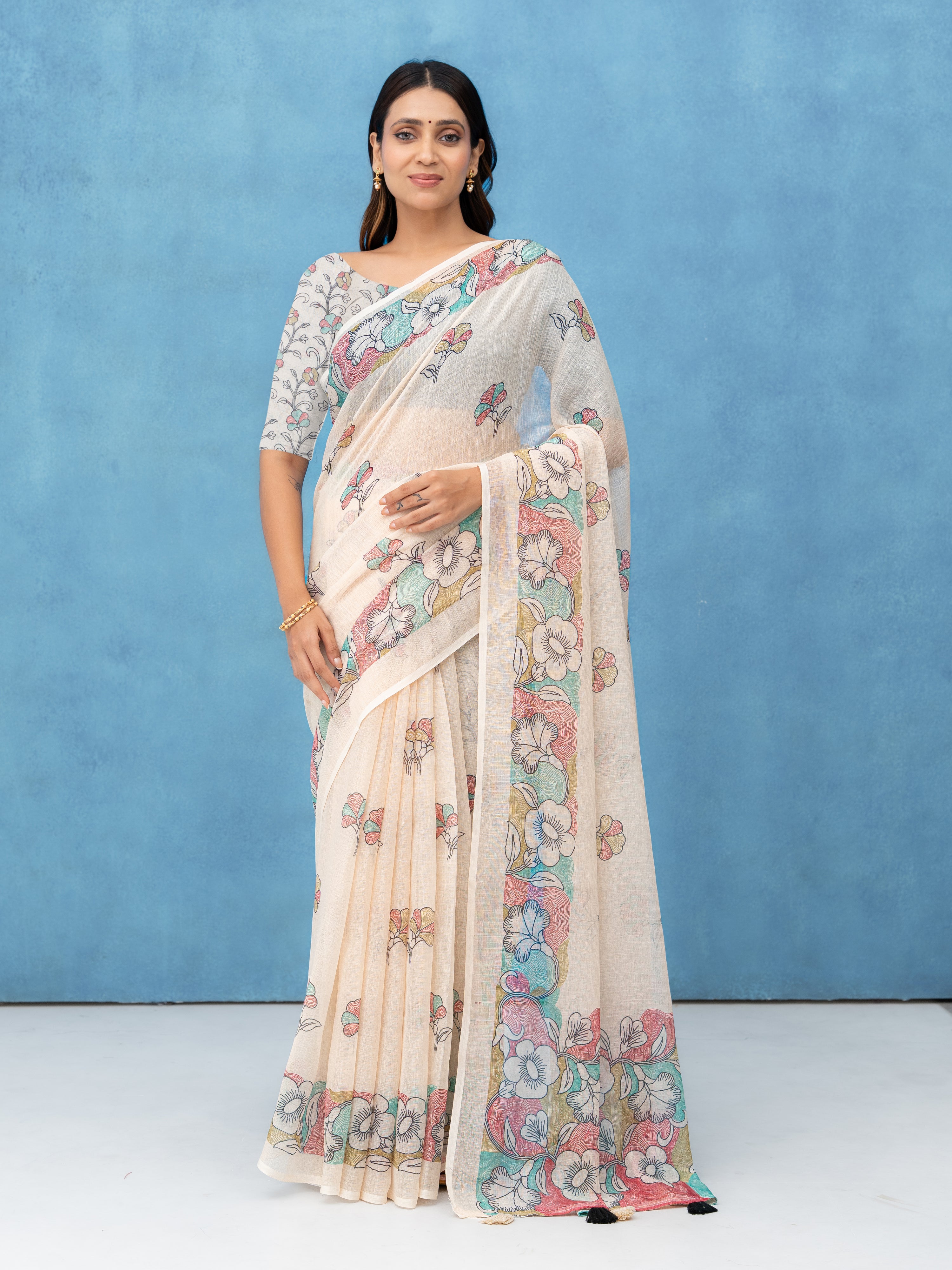 Off-White Cotton Linen Saree