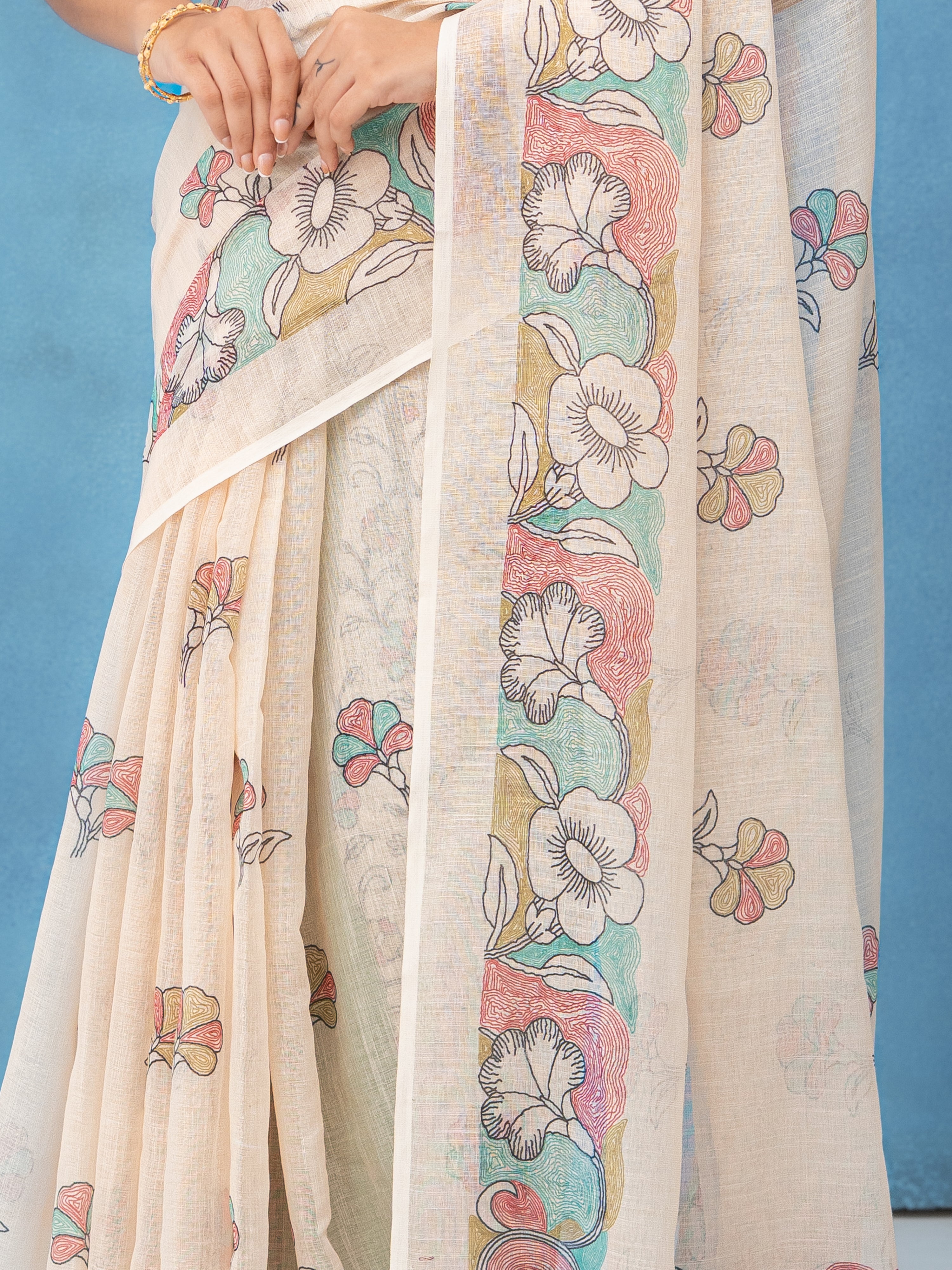 Off-White Cotton Linen Saree