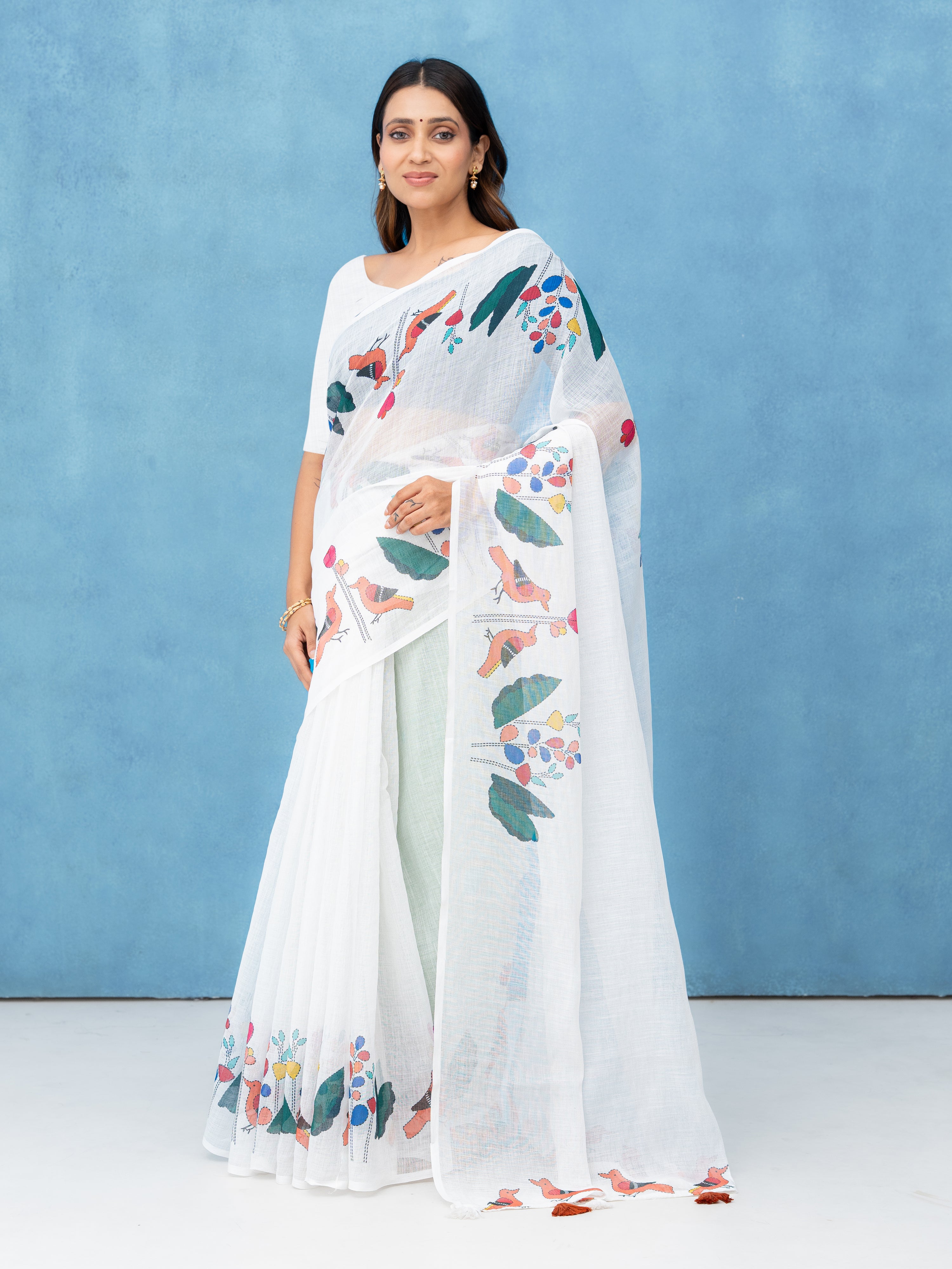 White Cotton Linen Saree