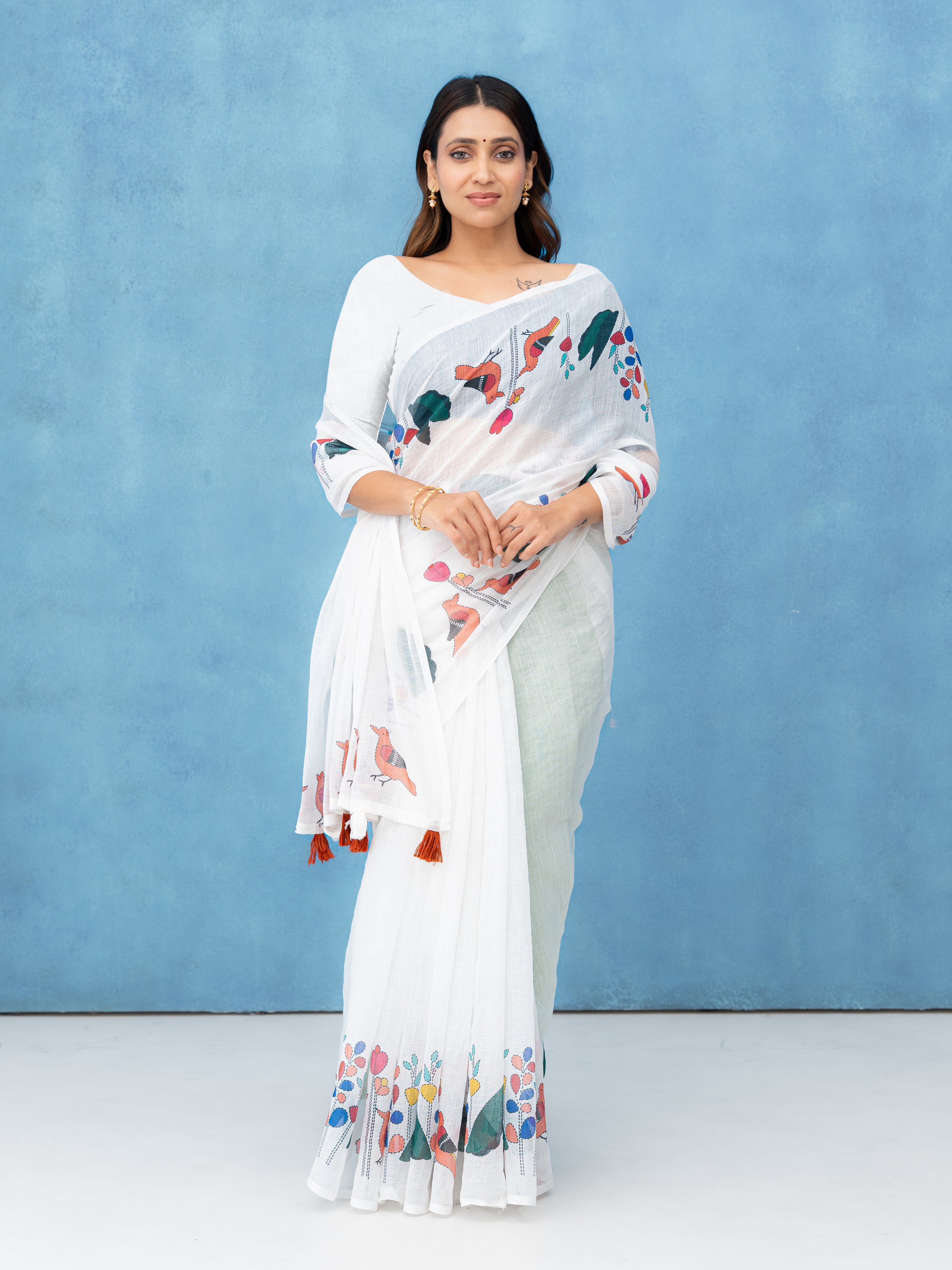 White Cotton Linen Saree