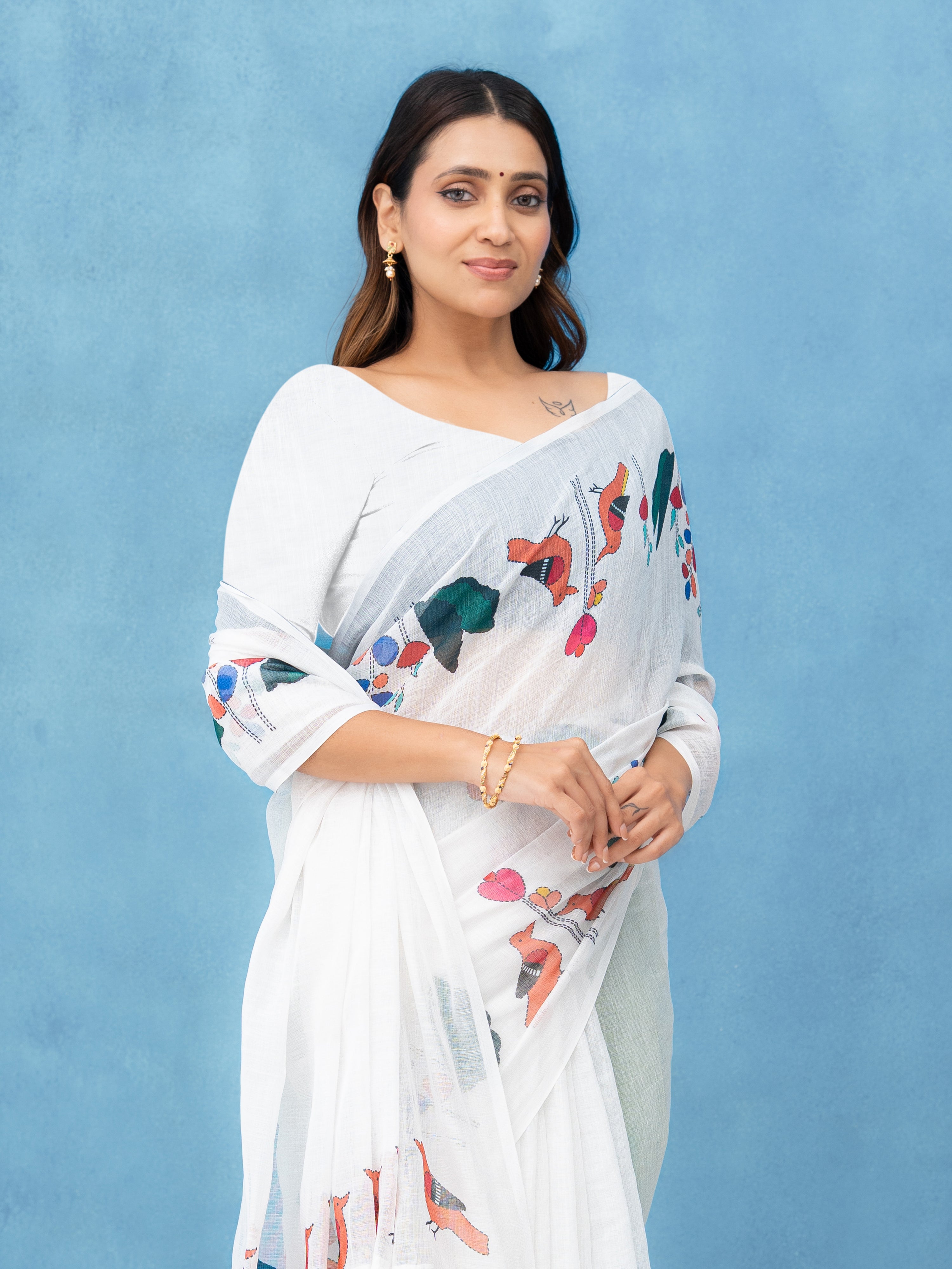 White Cotton Linen Saree