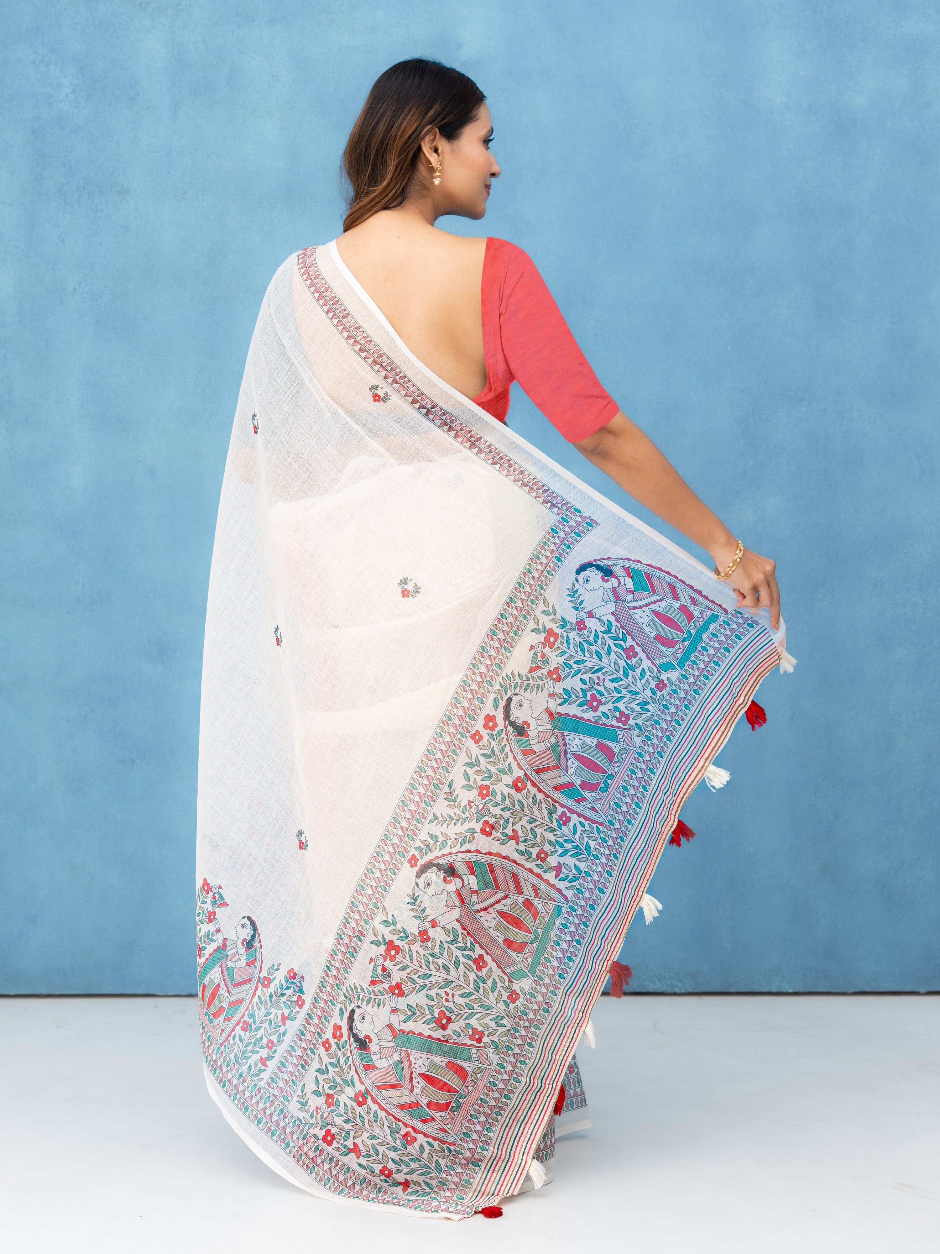 Off-White Cotton Linen Saree