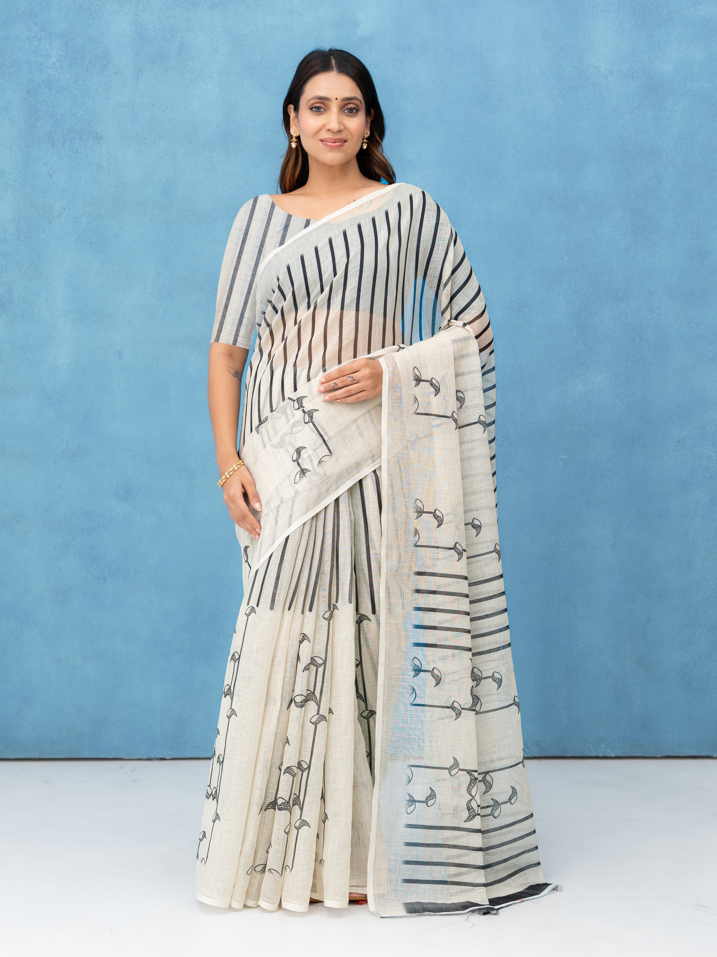 Off-White Cotton Linen Saree
