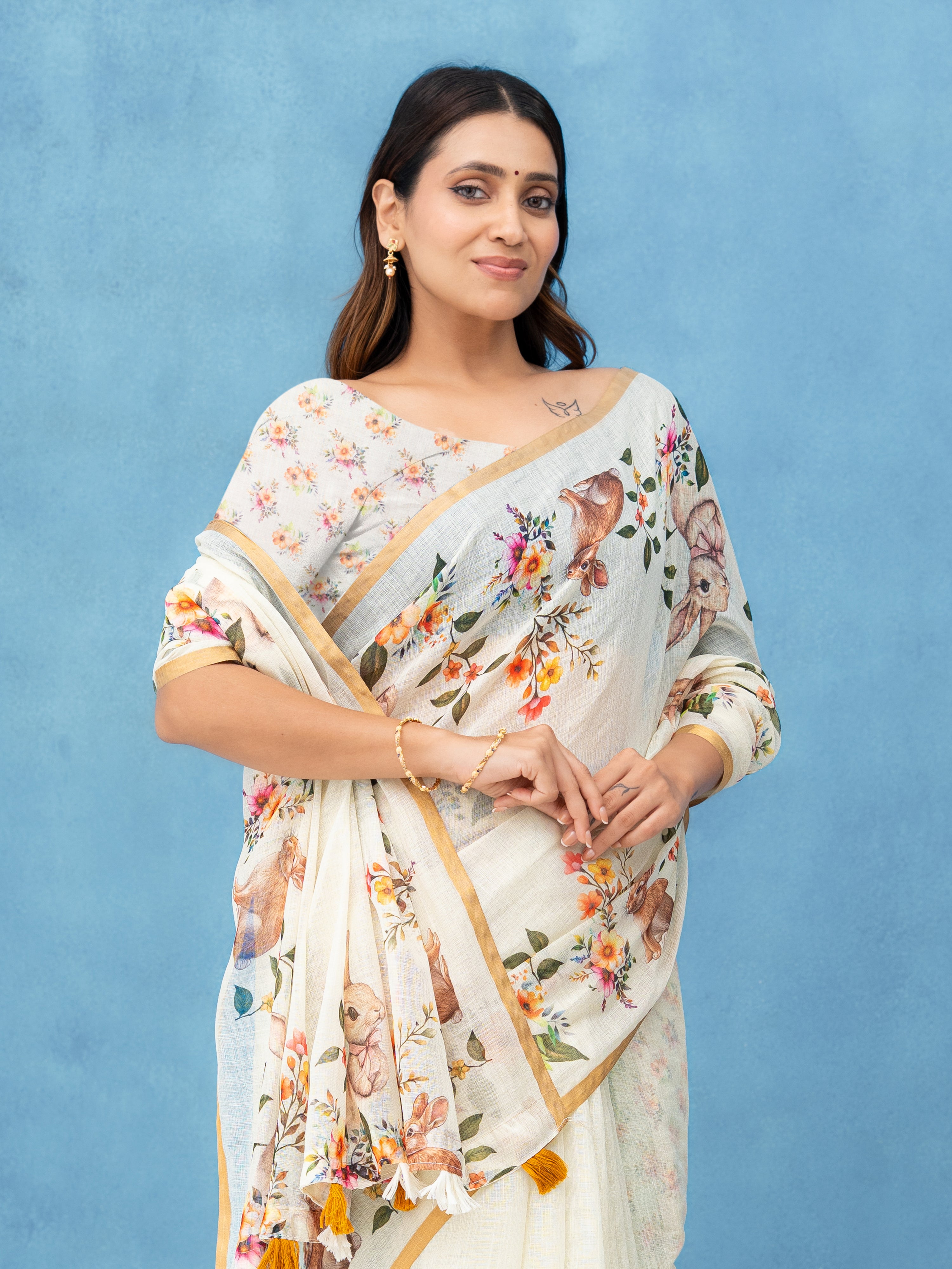 Off-White Cotton Linen Saree