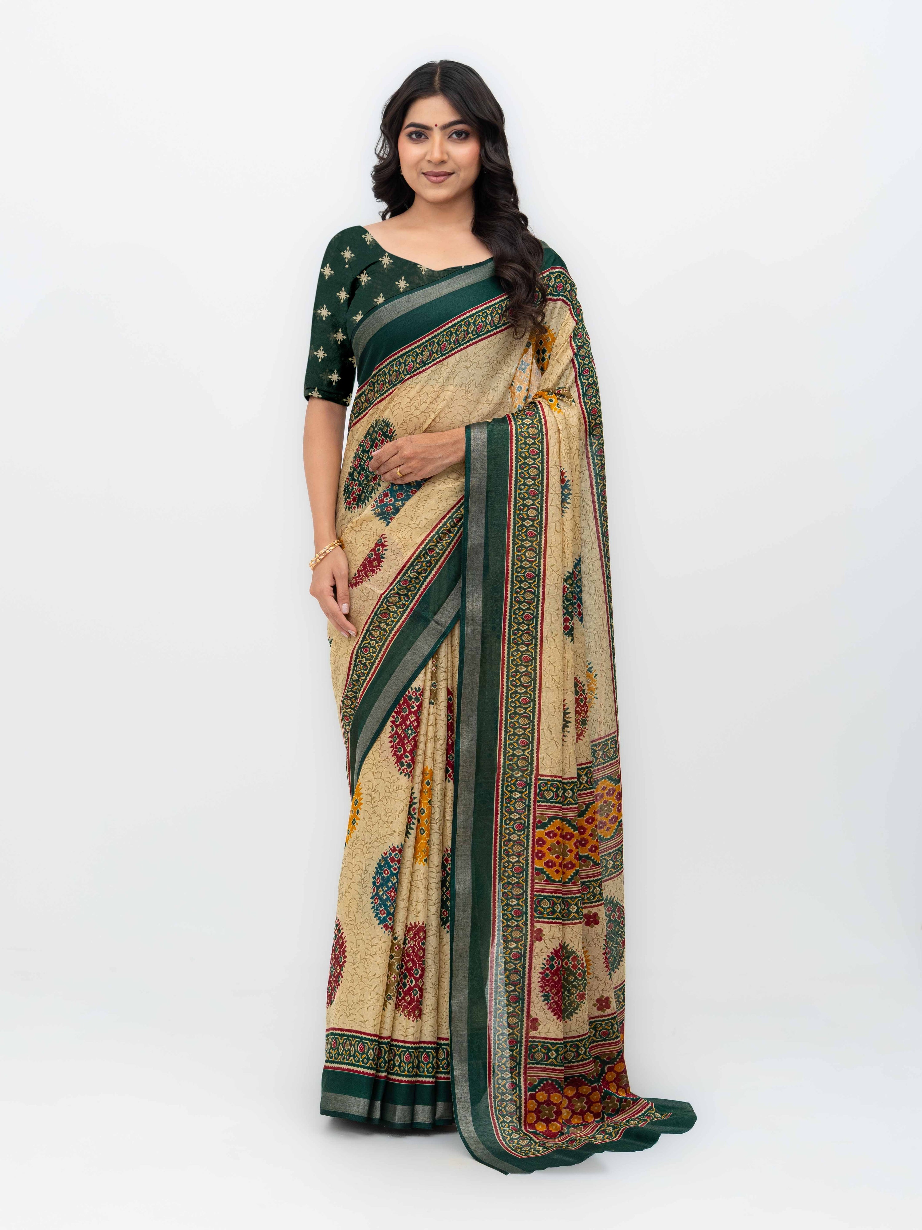 Beige & Dark Green Mall Cotton Saree