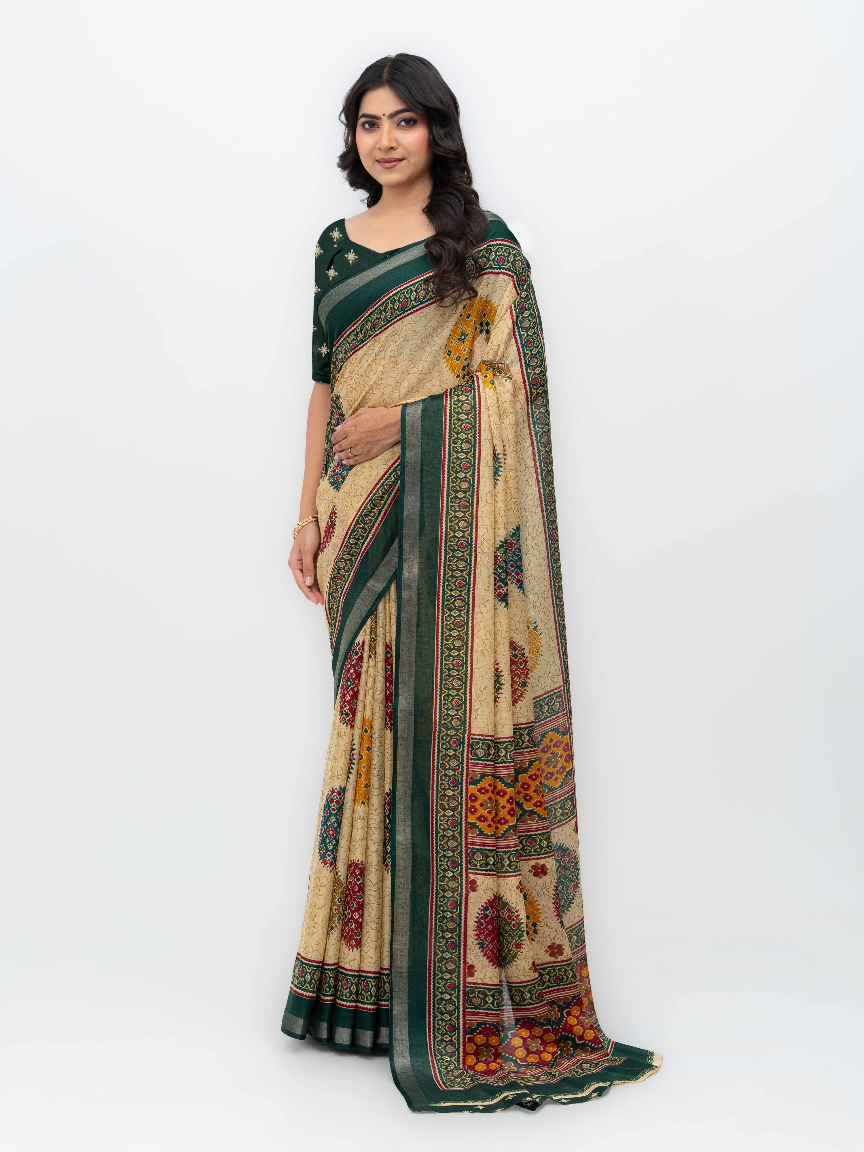 Beige & Dark Green Mall Cotton Saree