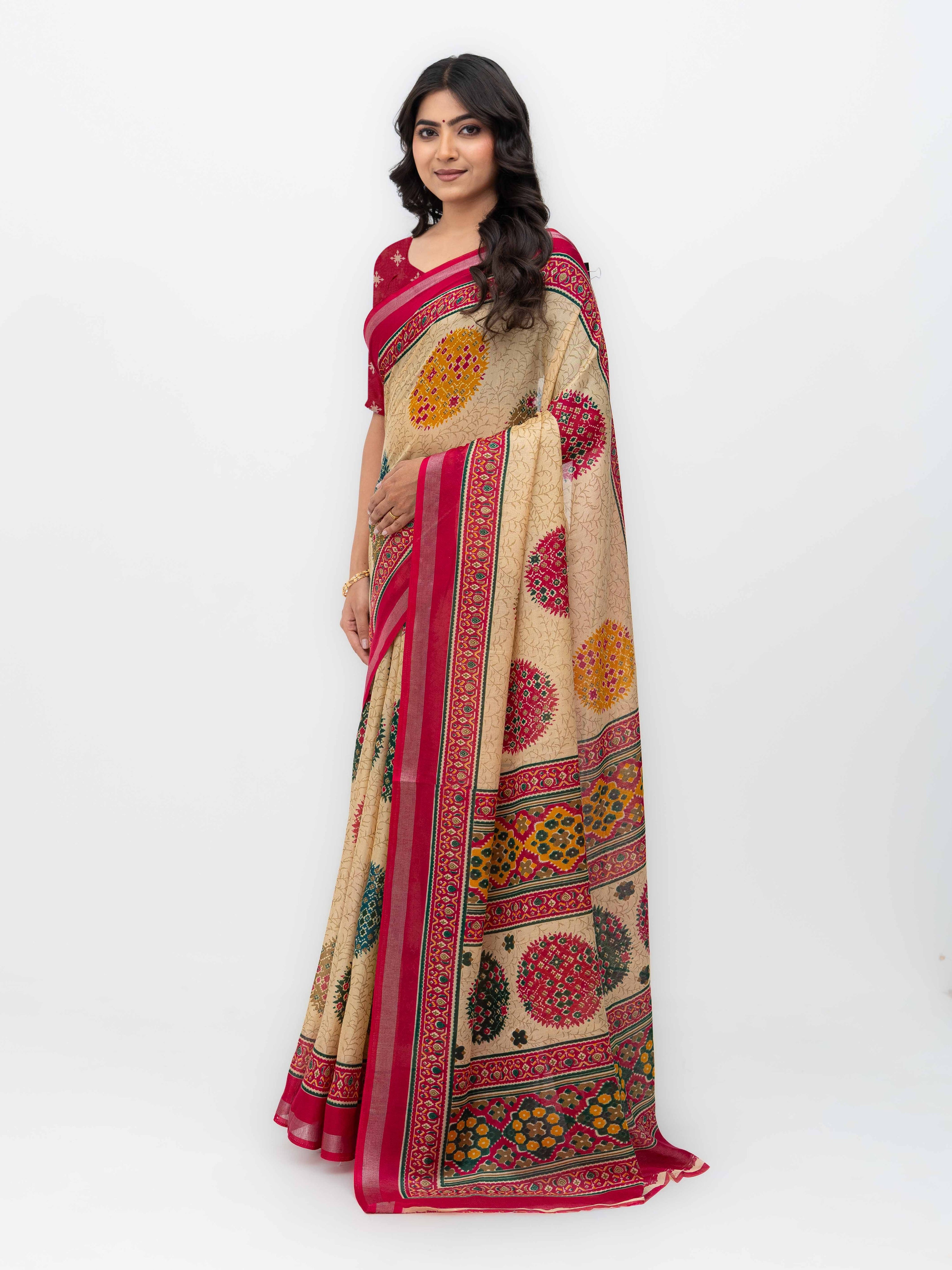 Beige & Pink Mall Cotton Saree