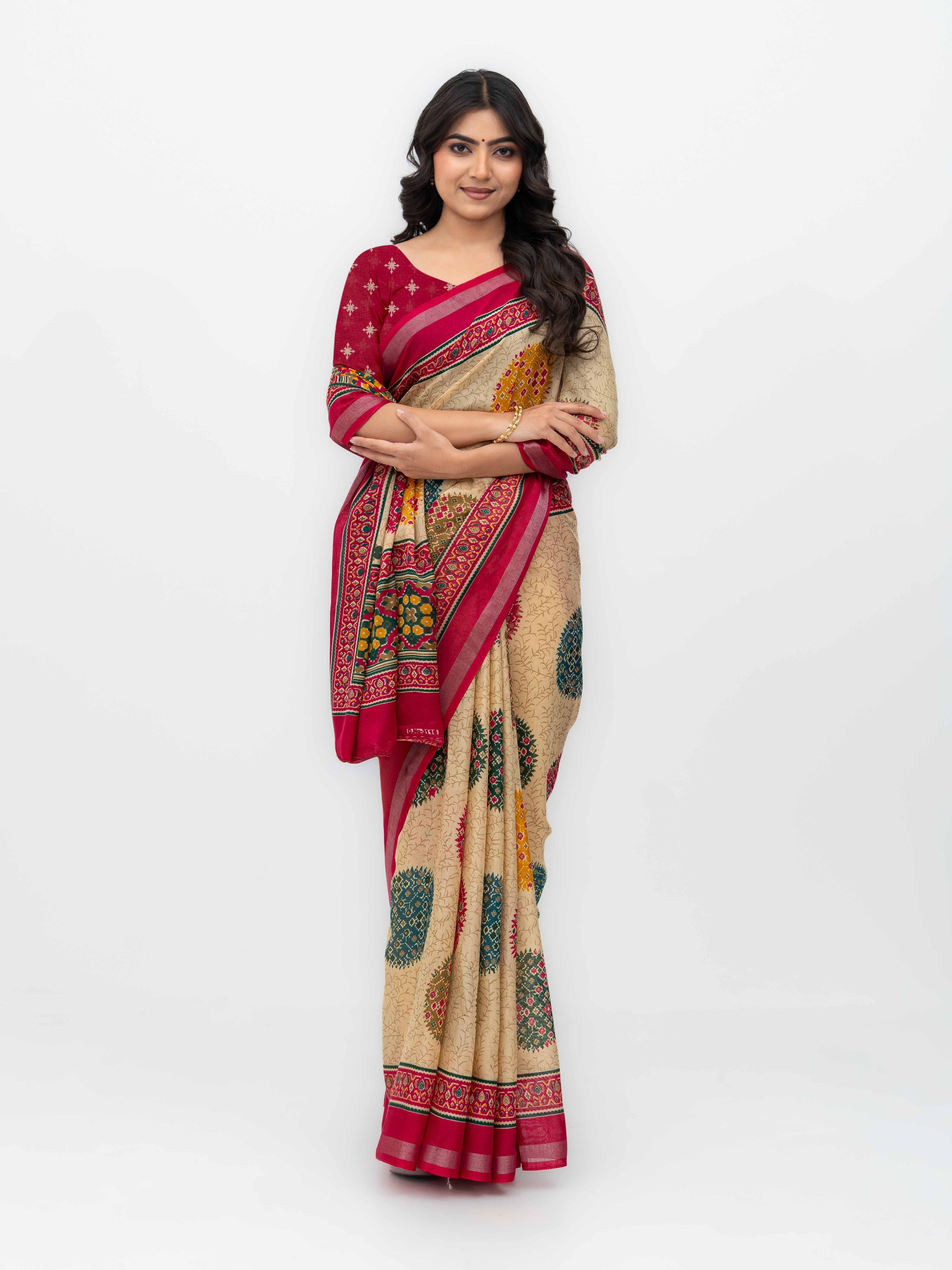 Beige & Pink Mall Cotton Saree