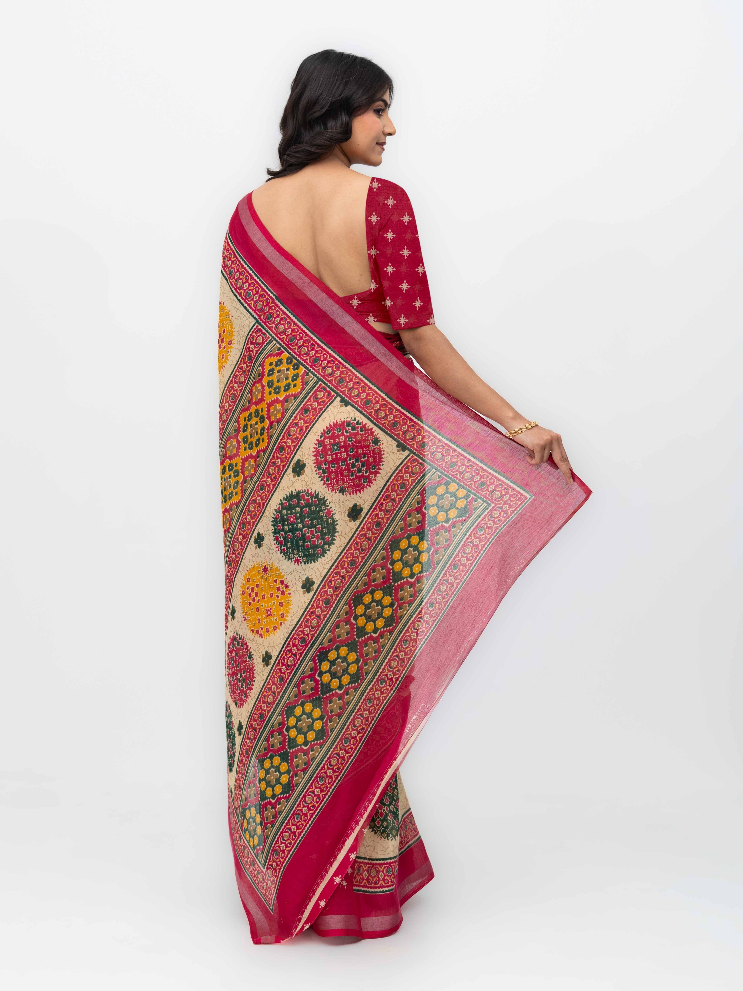 Beige & Pink Mall Cotton Saree