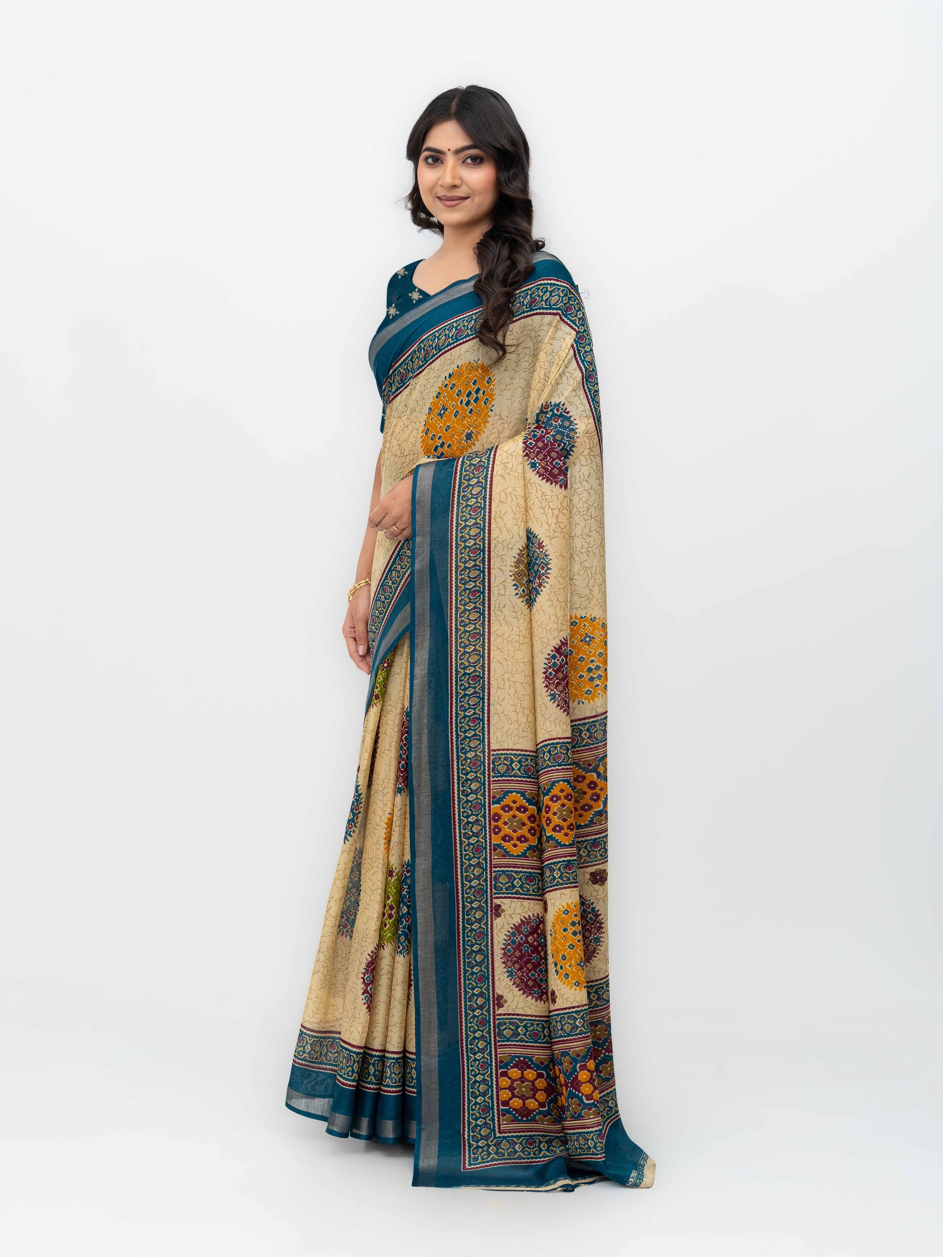 Beige & Teal Mall Cotton Saree