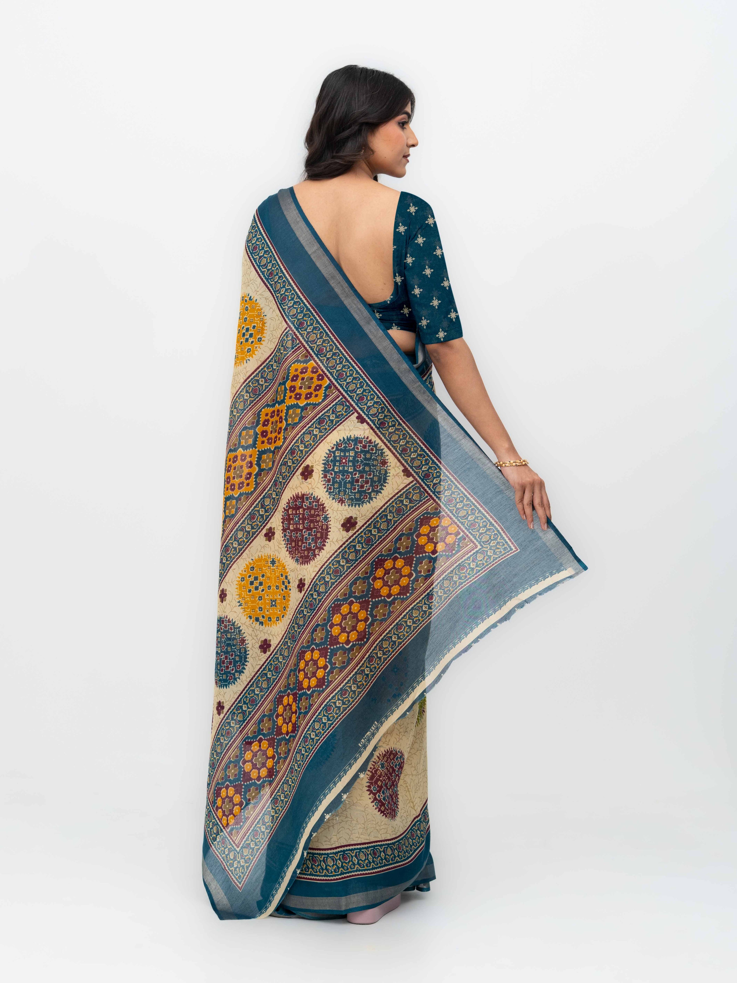 Beige & Teal Mall Cotton Saree