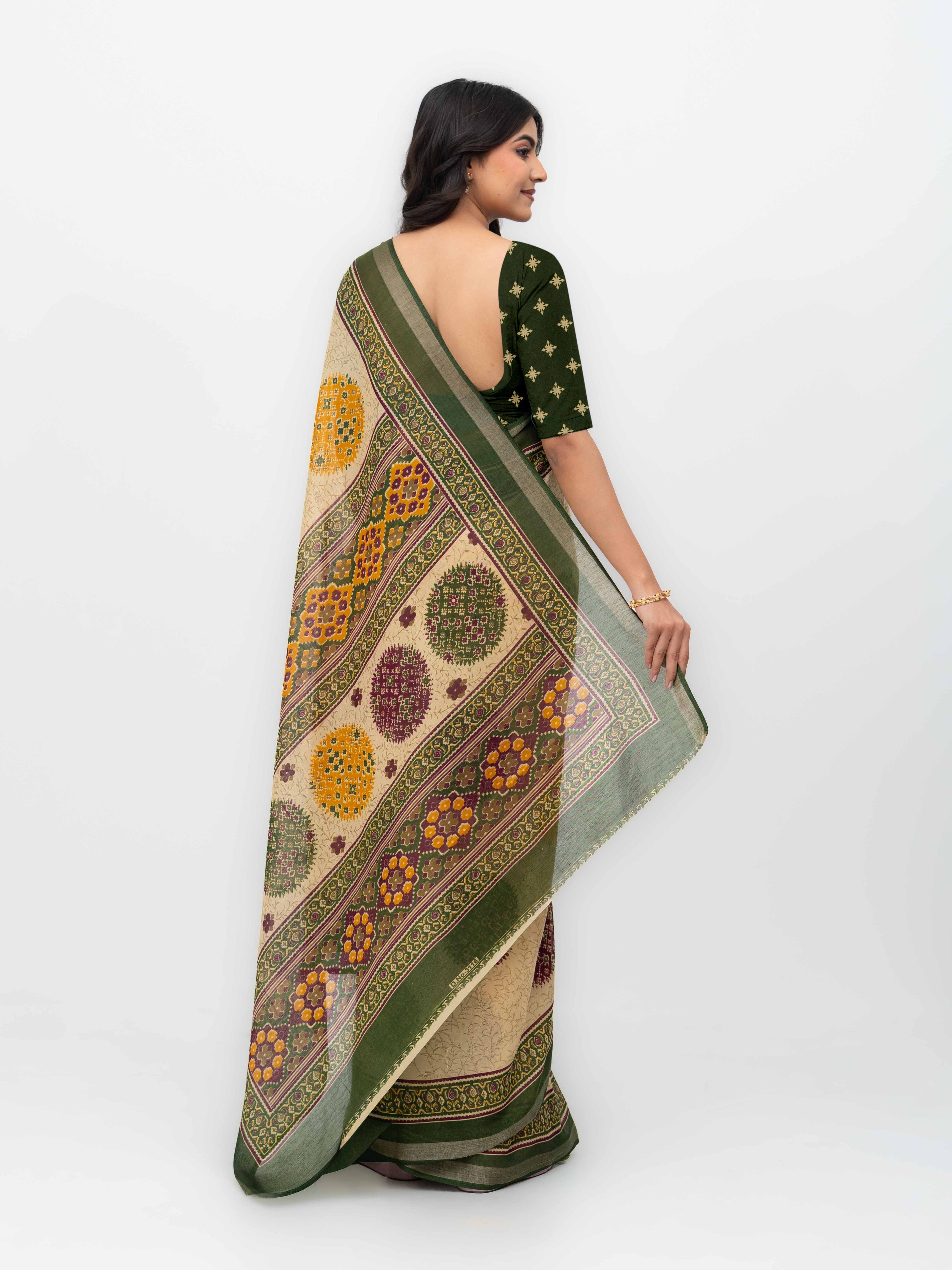 Beige & Green Mall Cotton Saree