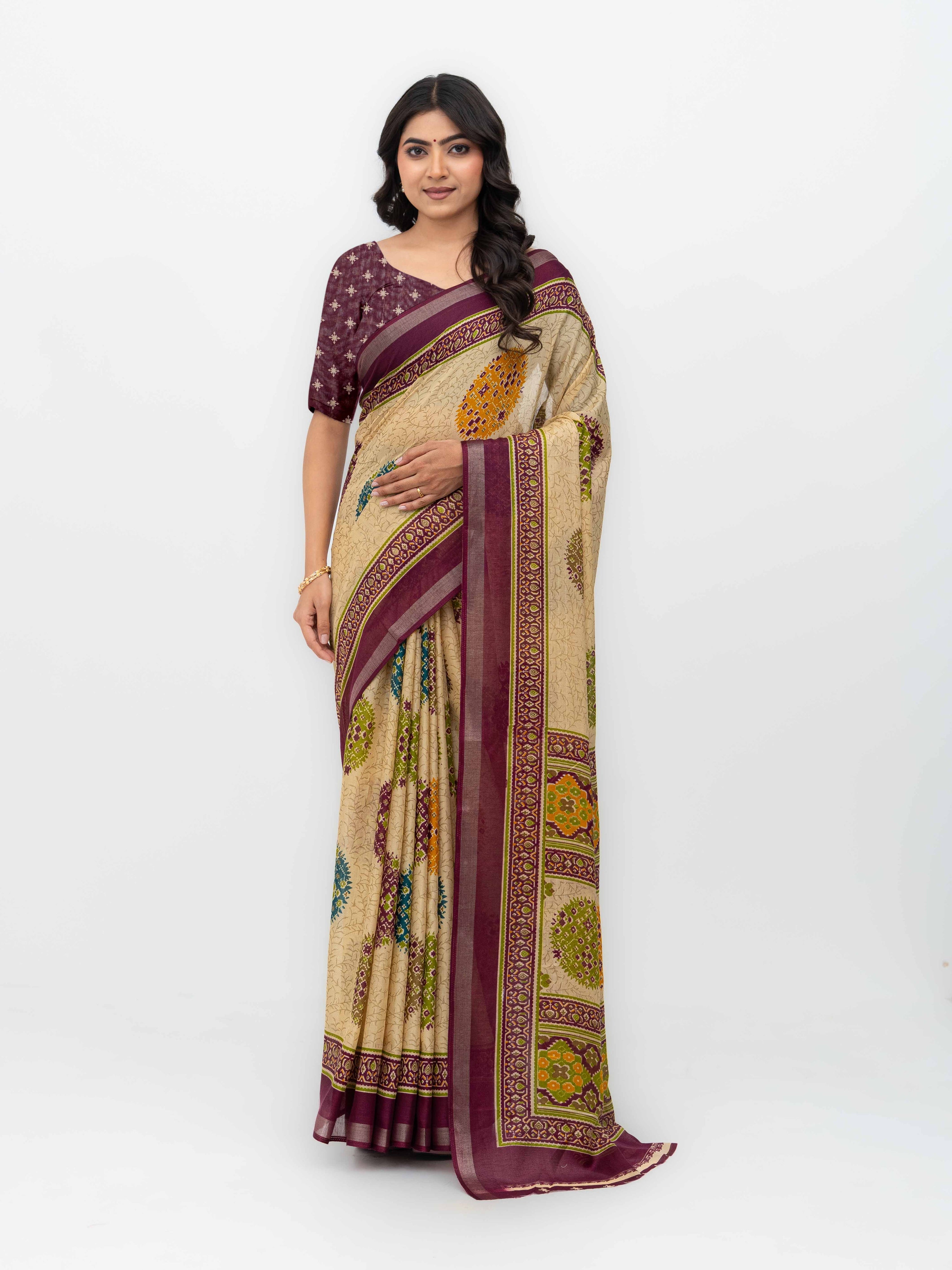 Beige & Wine Mall Cotton Saree