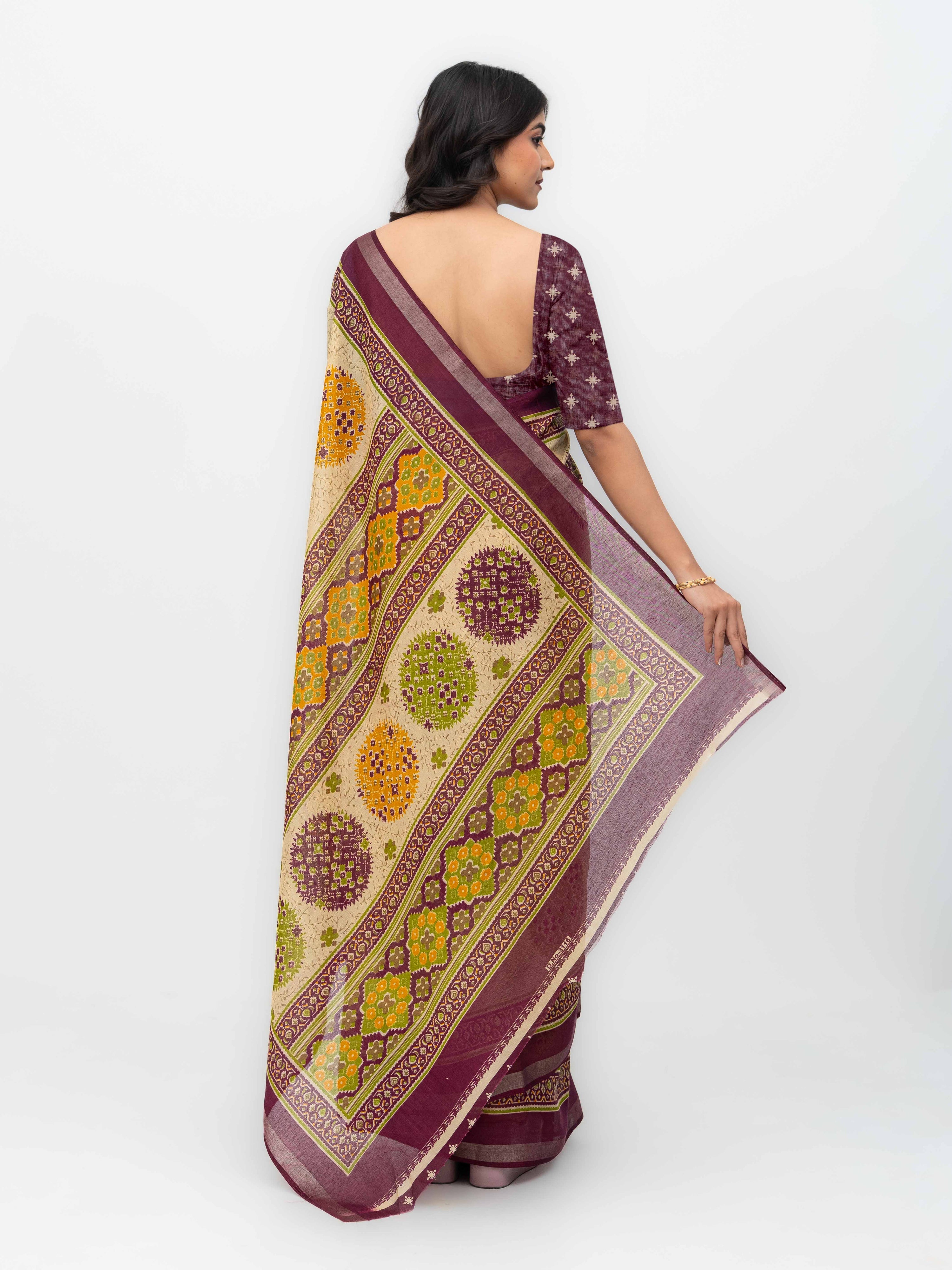 Beige & Wine Mall Cotton Saree