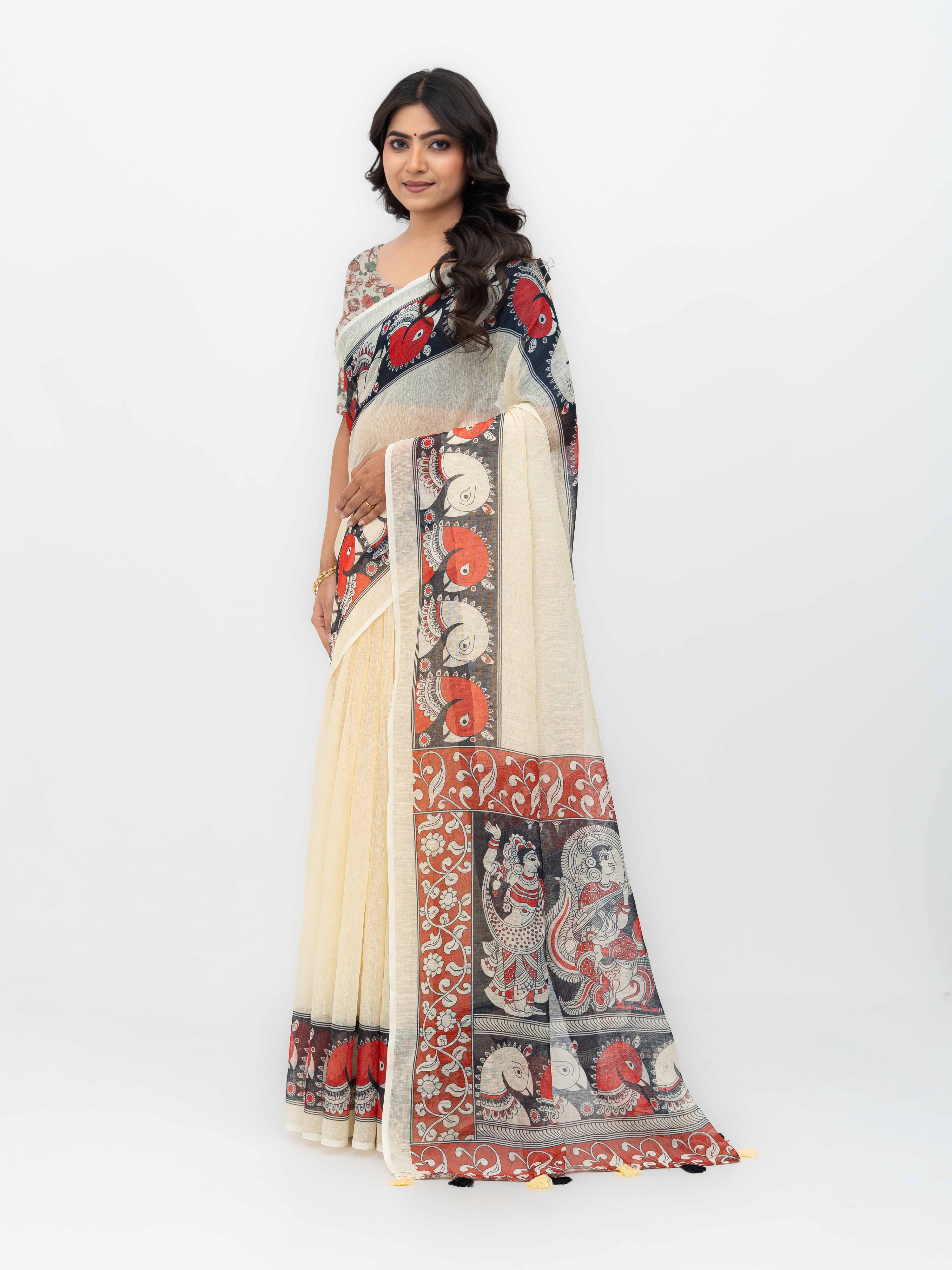 Cream Cotton Linen Saree