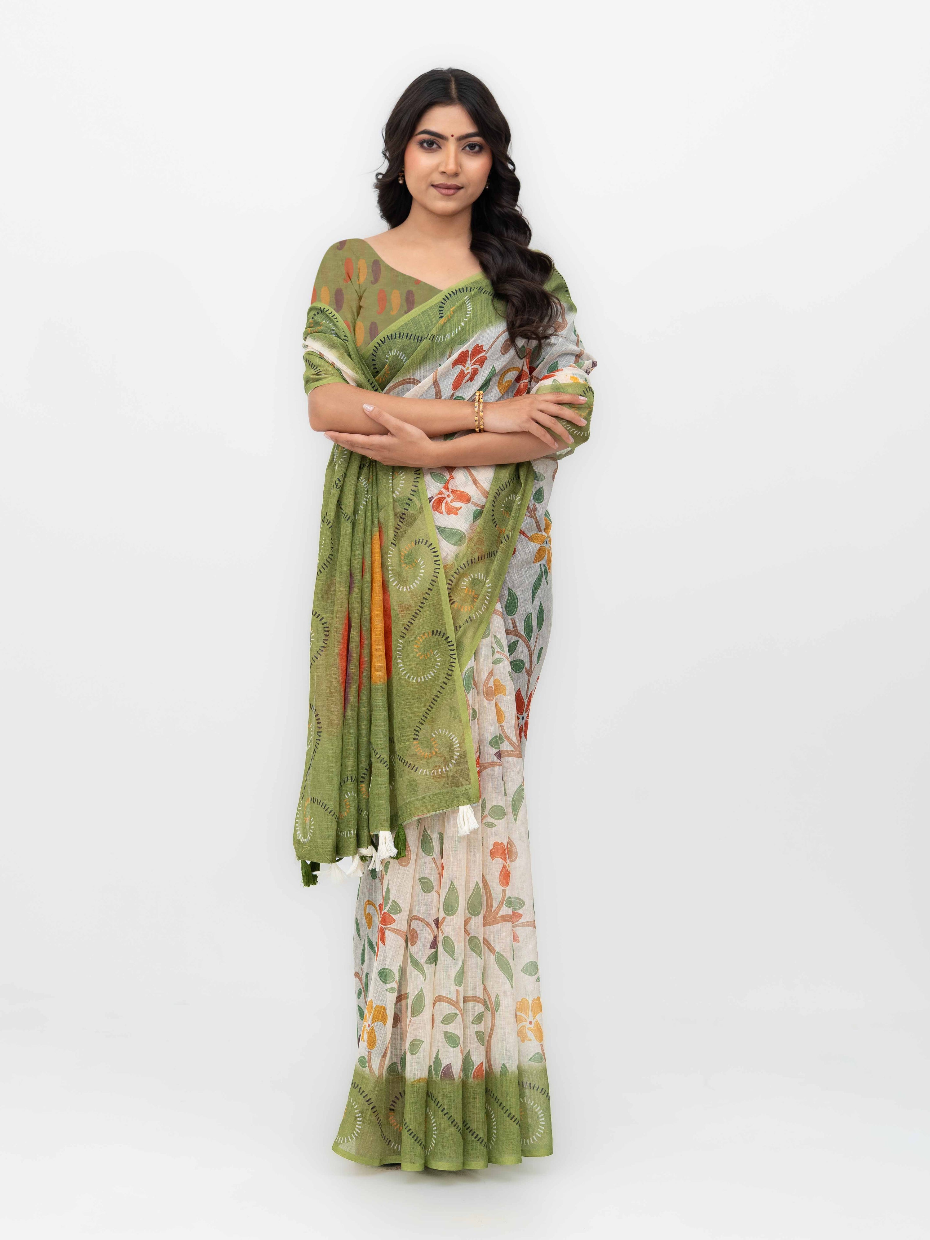 Off-White Cotton Linen Saree