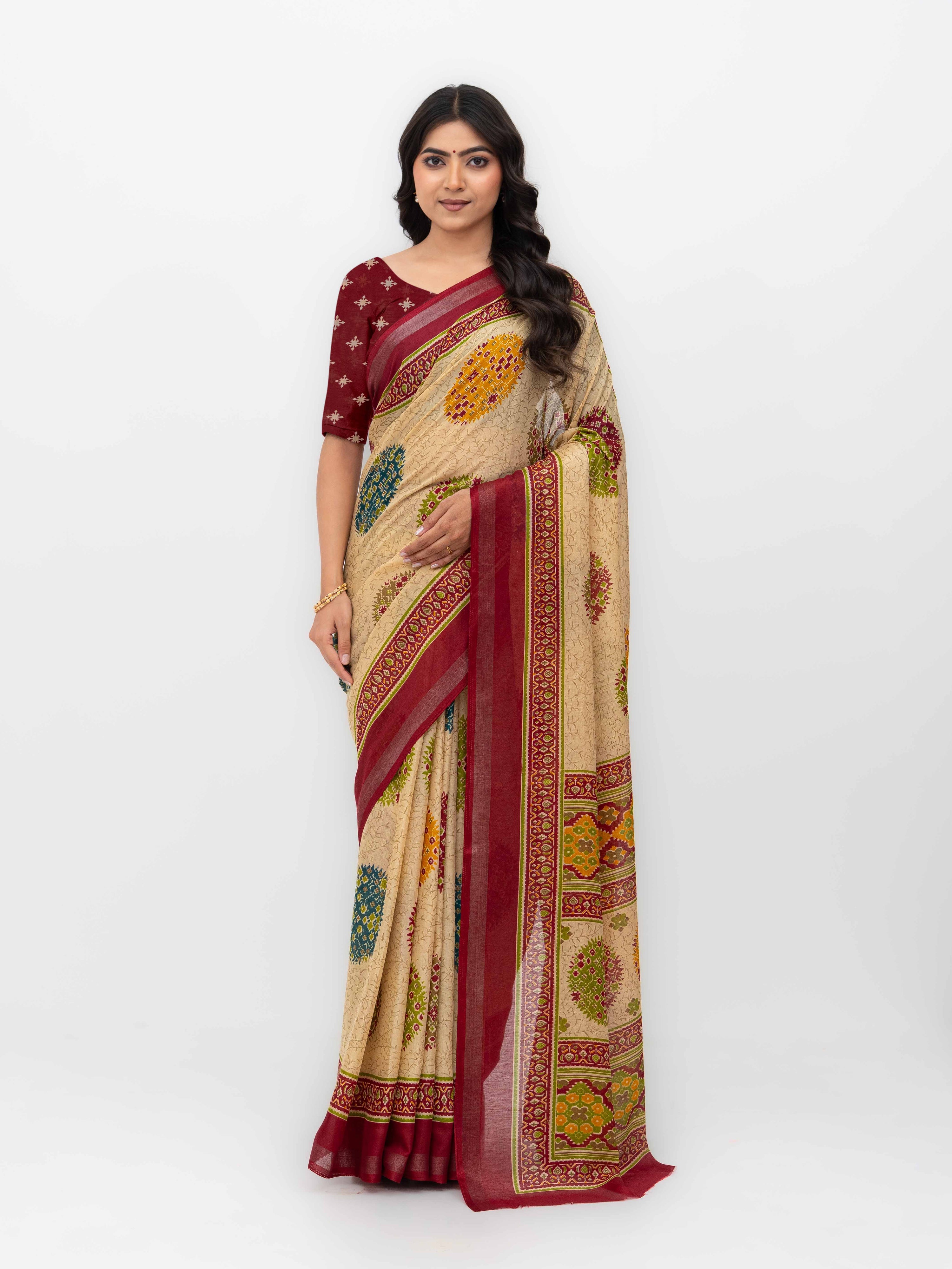 Beige & Maroon Mall Cotton Saree