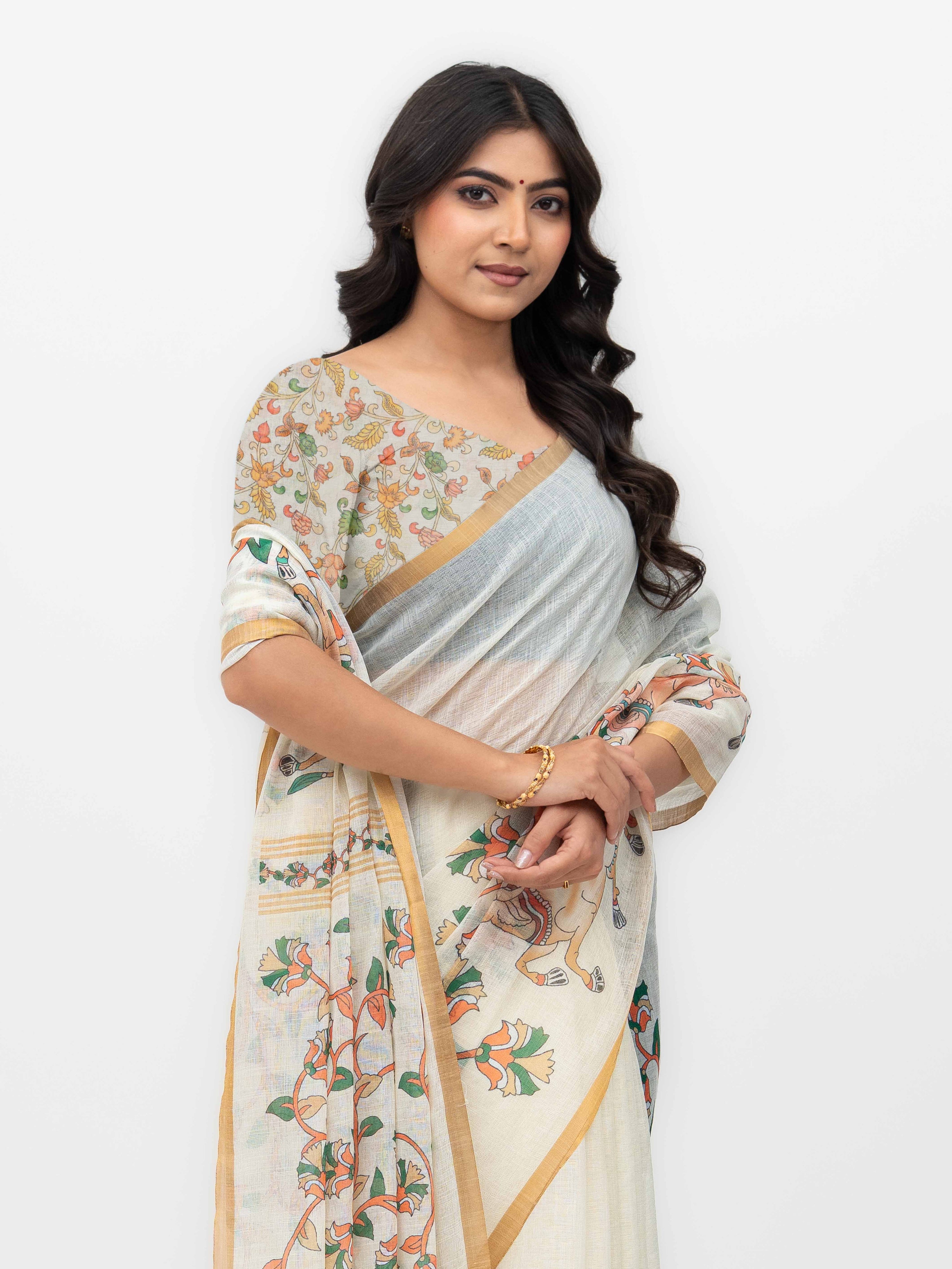 Off-White Cotton Linen Saree