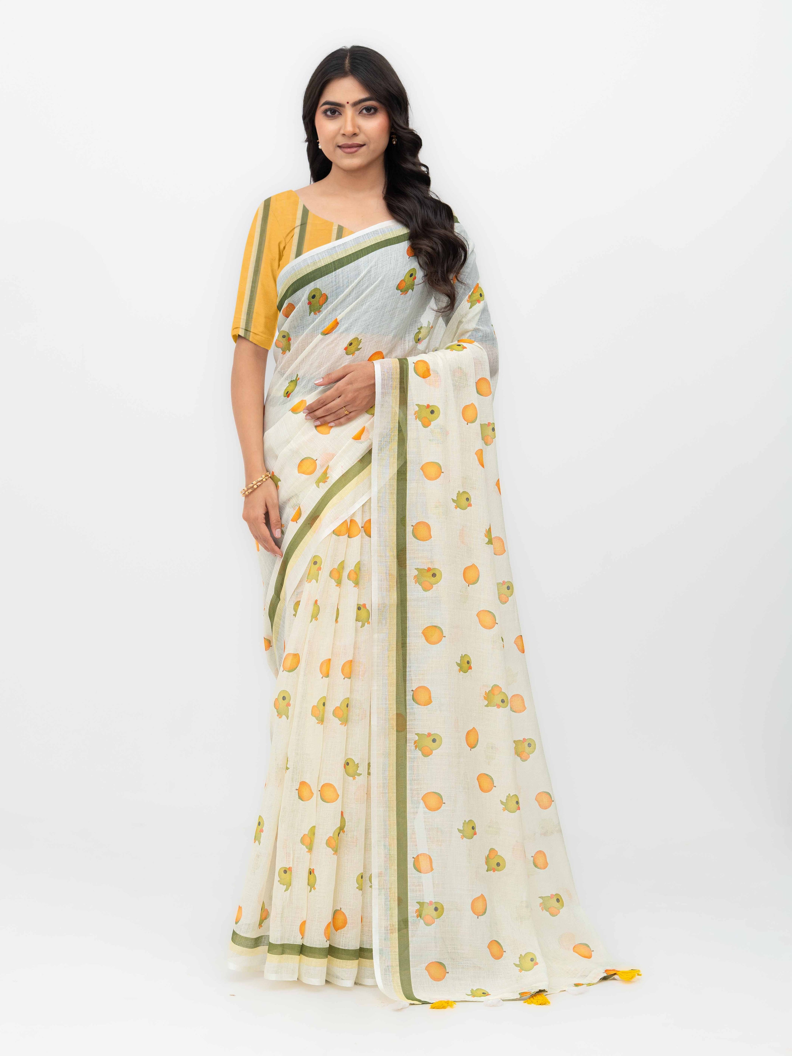 White Cotton Linen Saree