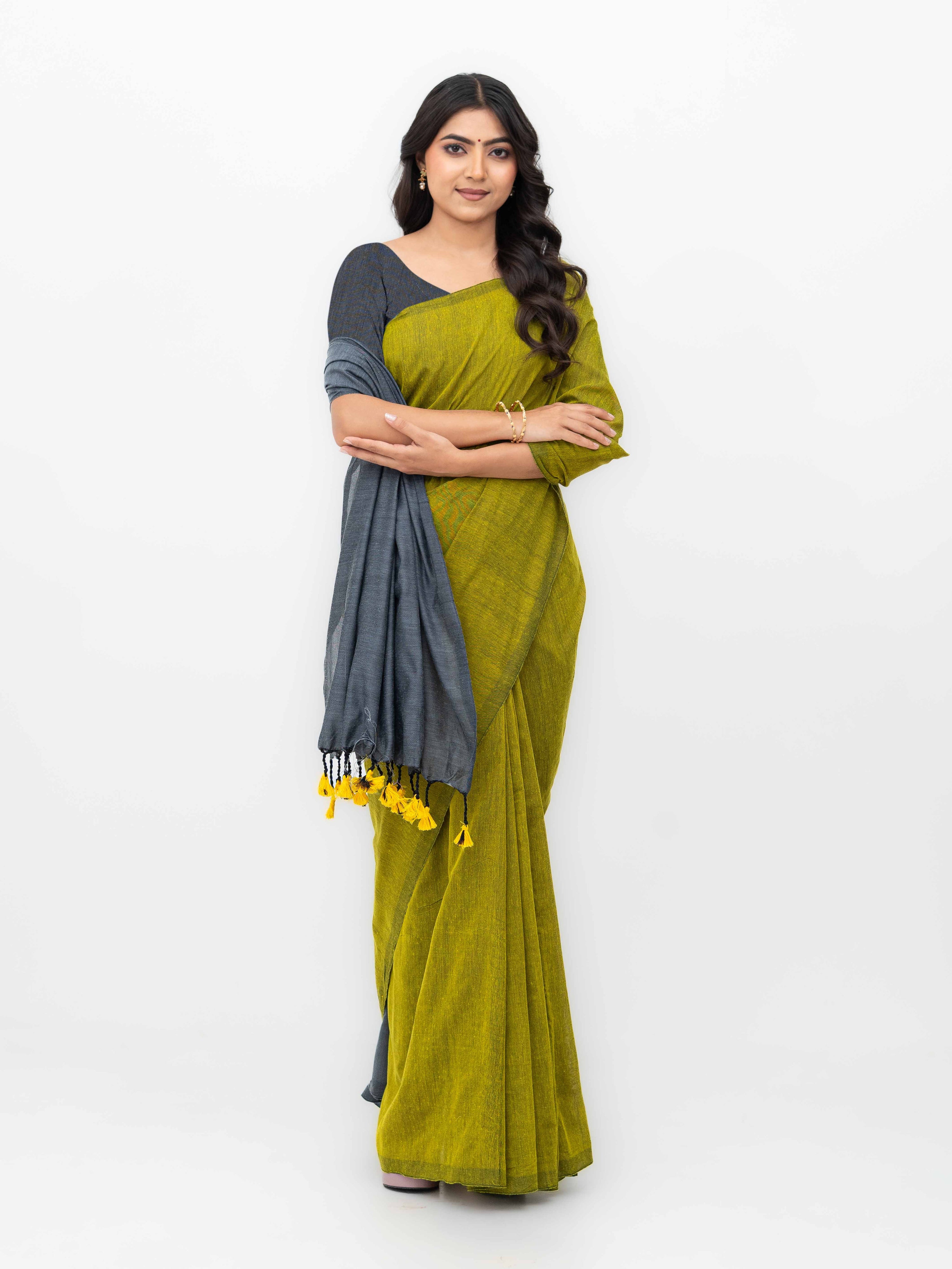 Mehendi & Gray Khadi Cotton Saree