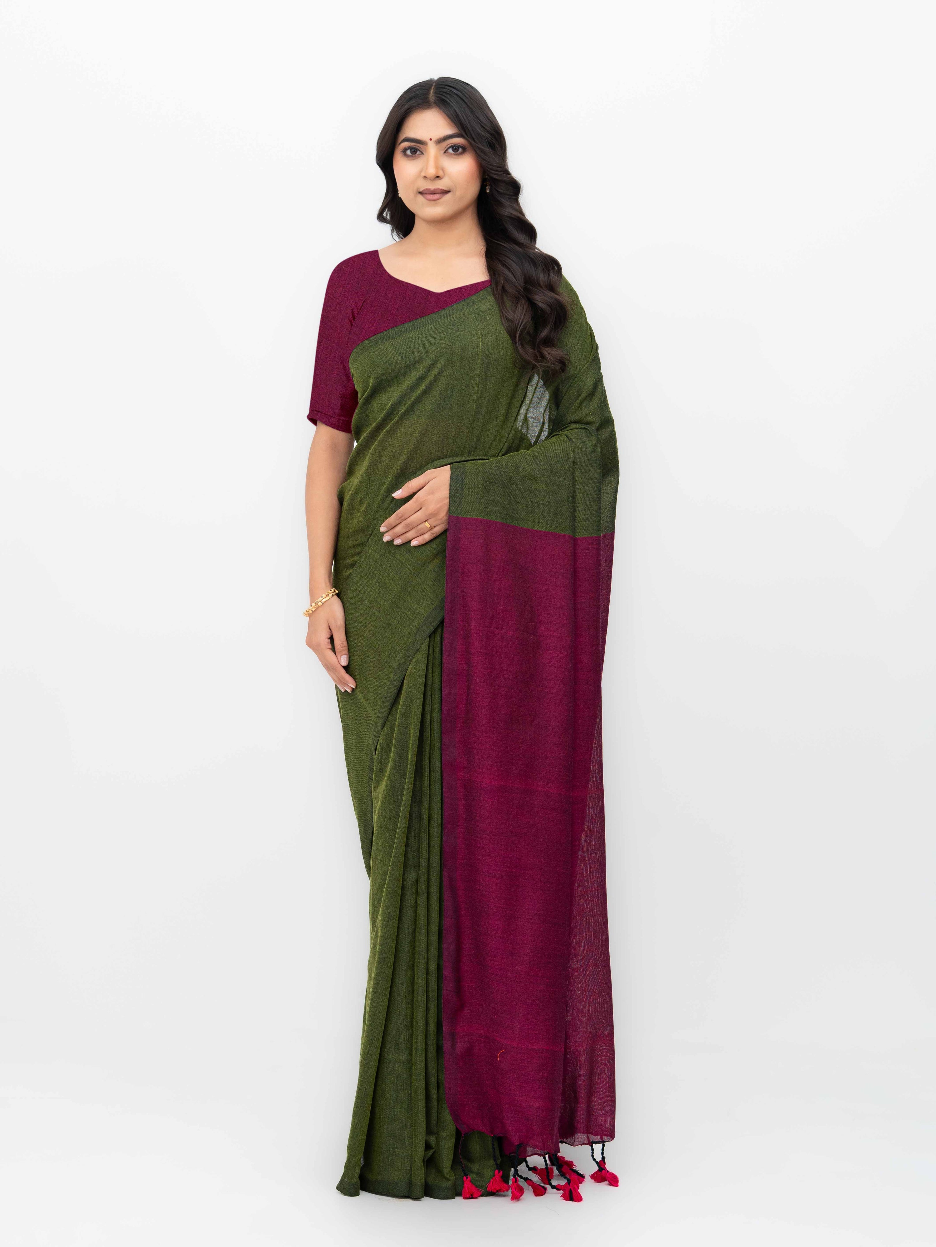 Mehndi & Pink Khadi Cotton Saree