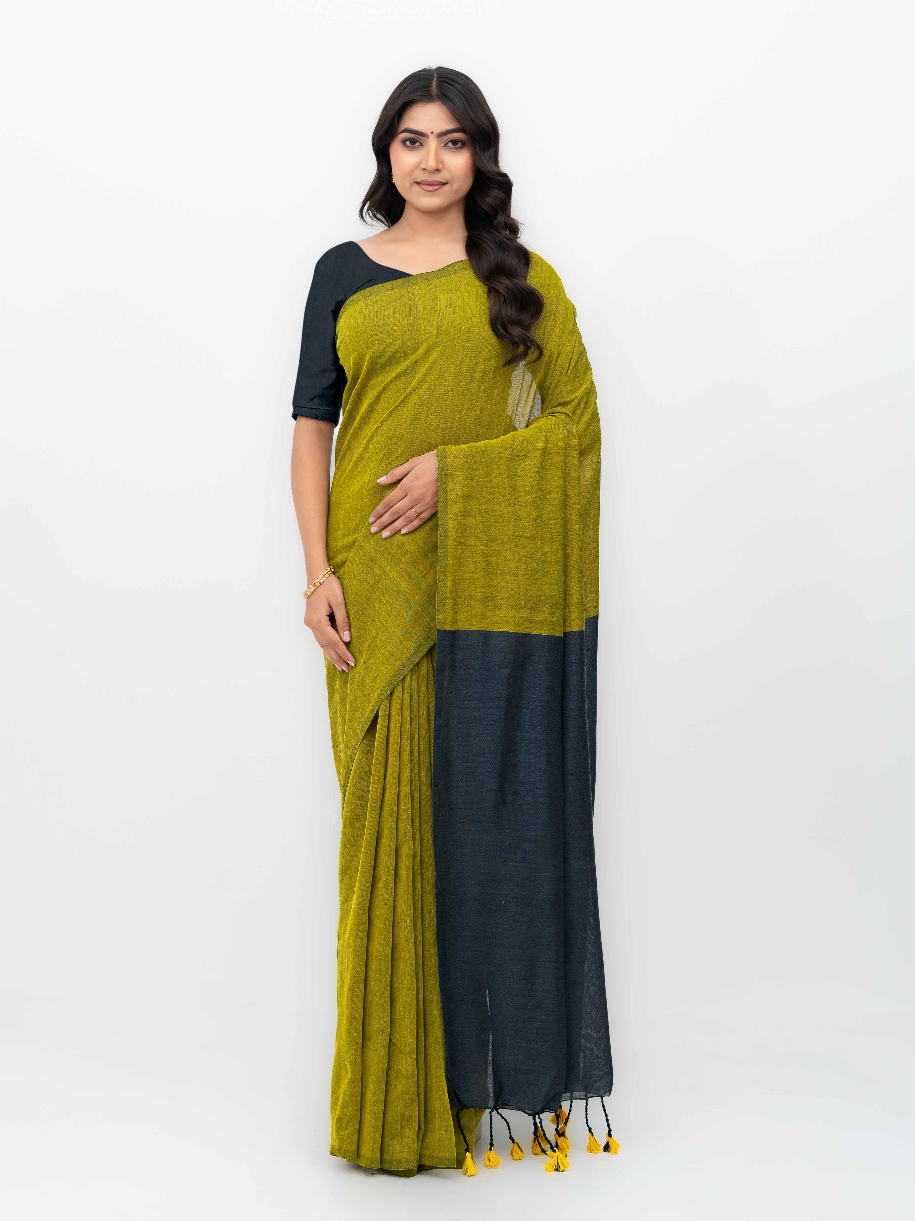 Dark Grey &Mustard Khadi Cotton Saree