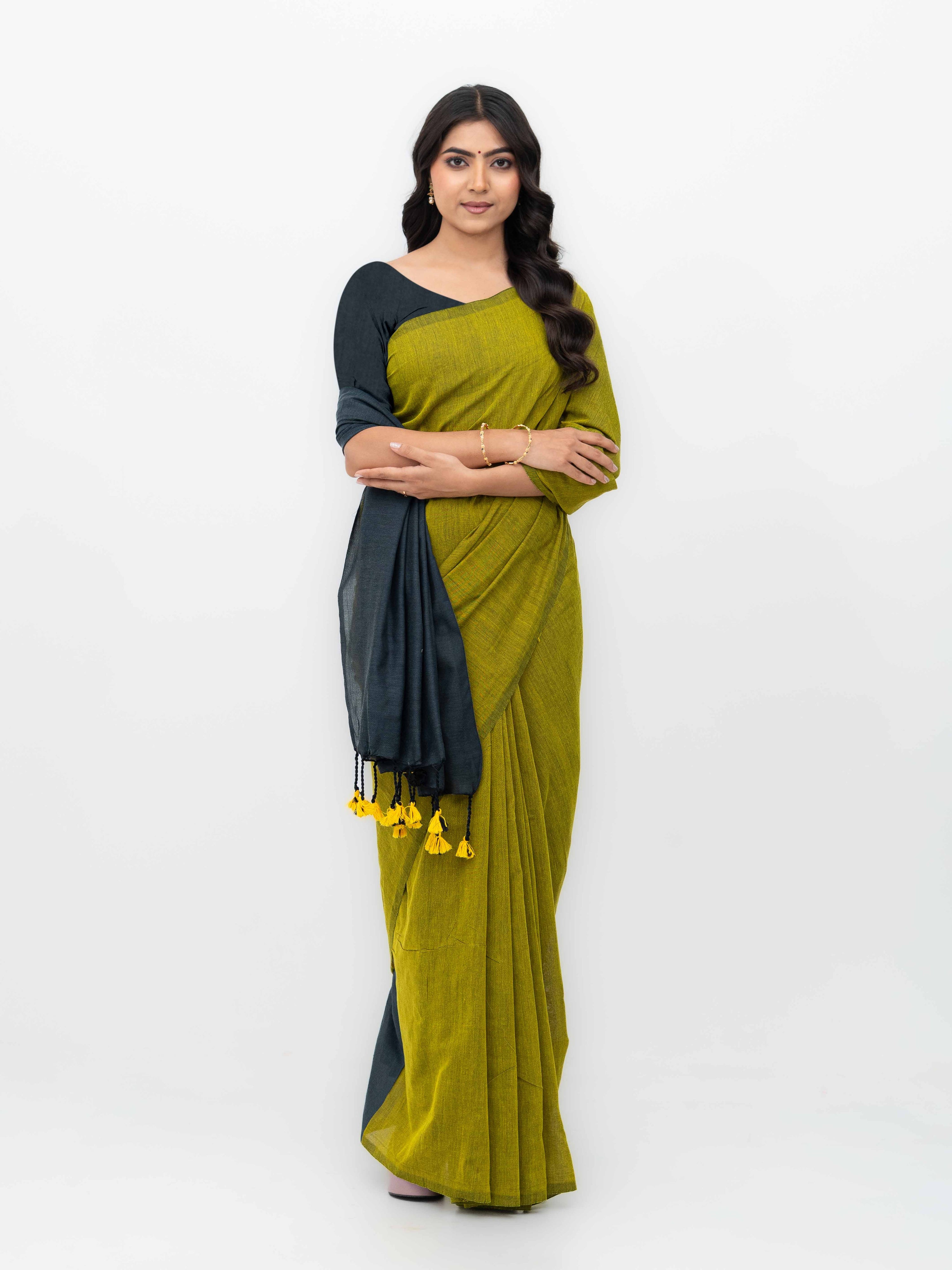 Dark Grey &Mustard Khadi Cotton Saree