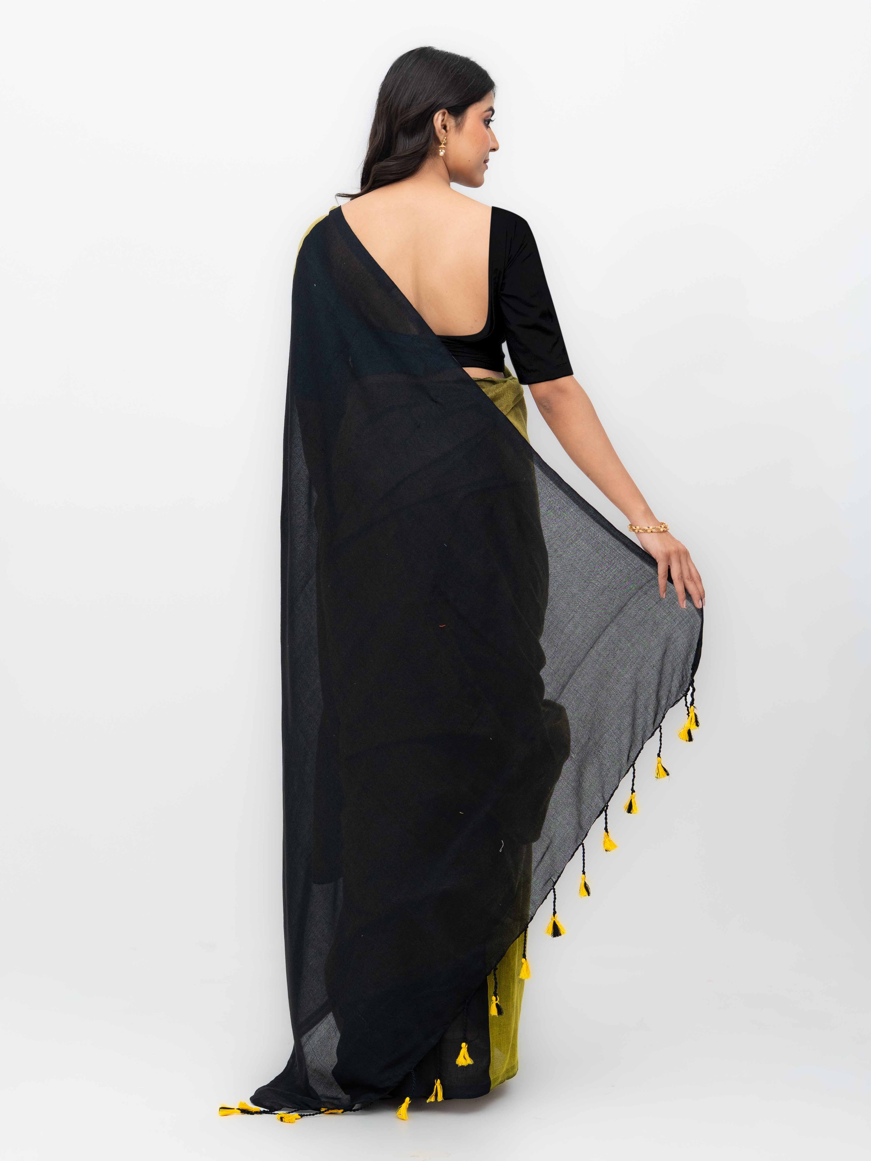 Mustard & Black Khadi Cotton Saree