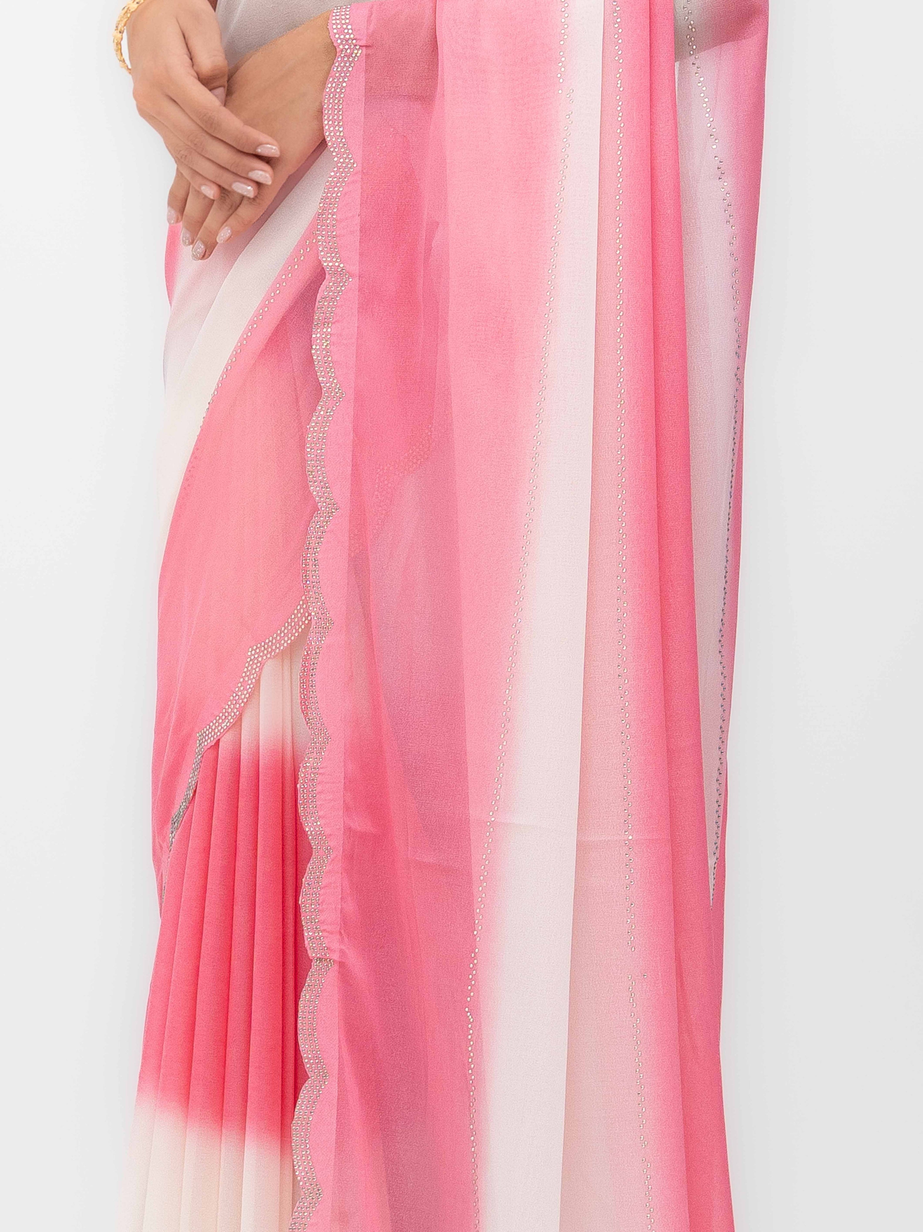 White & Pink Georgette Dual Tone Saree