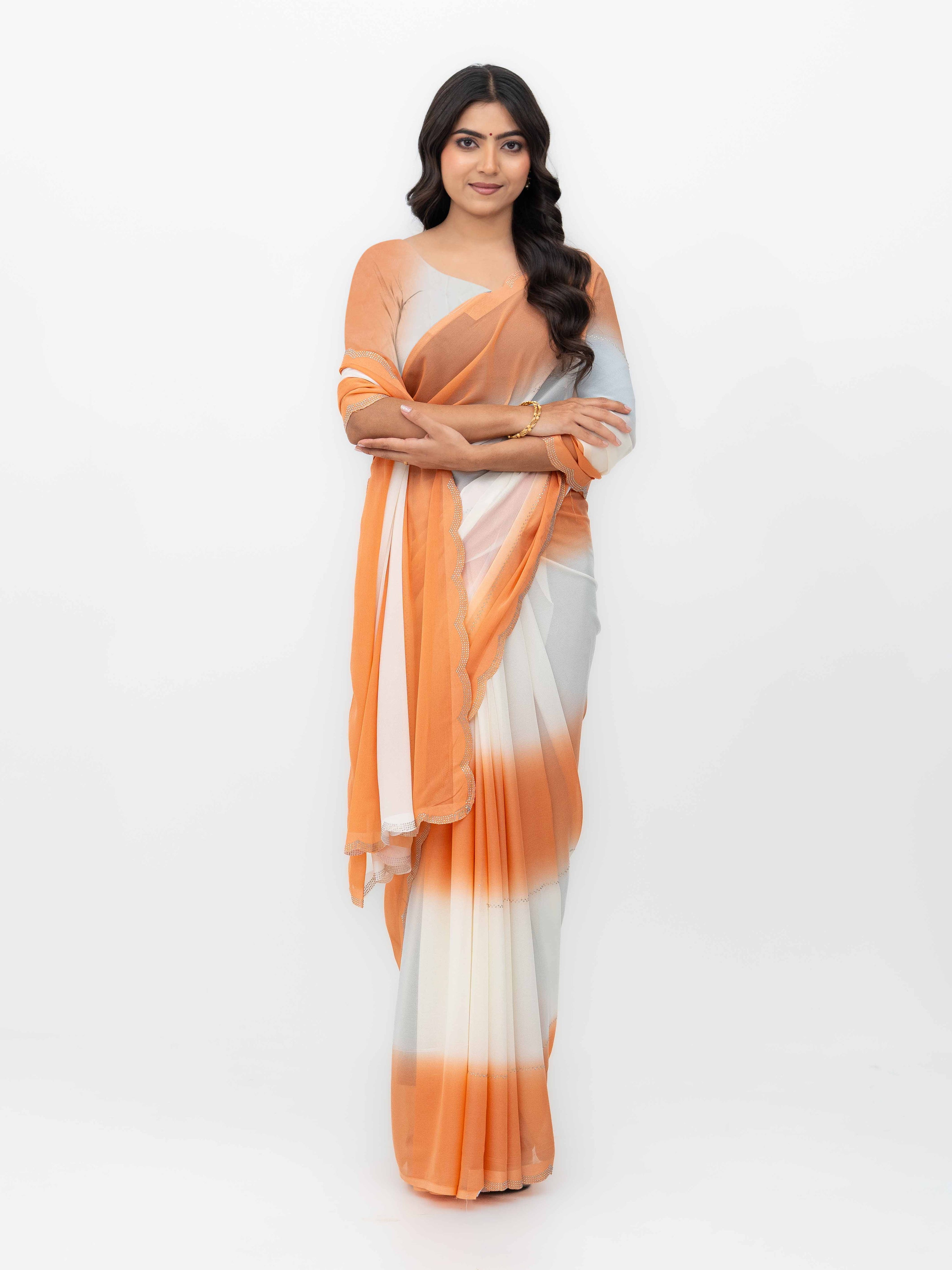 White & Rust Georgette Saree