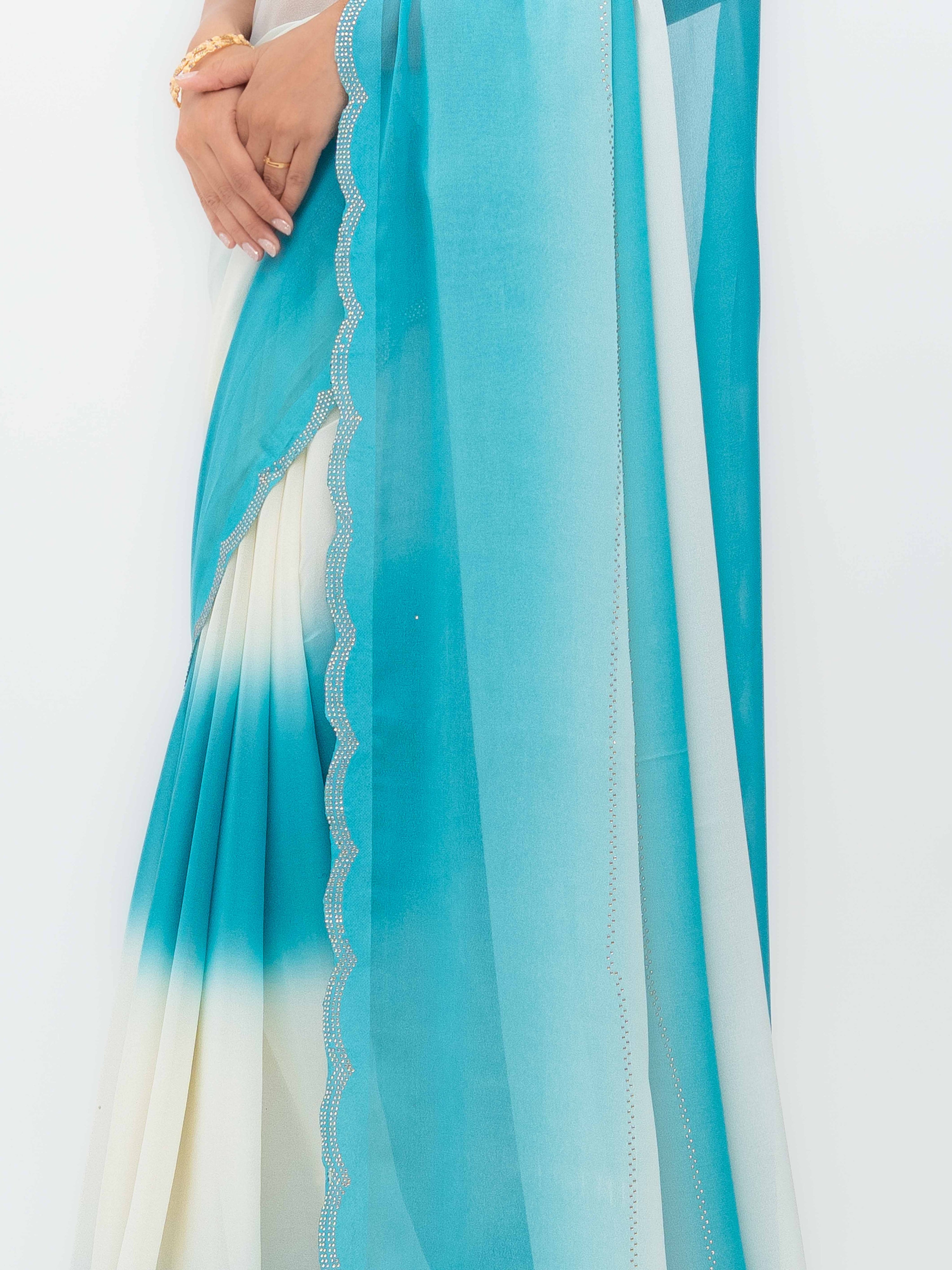 White & Sky Blue Georgette Saree