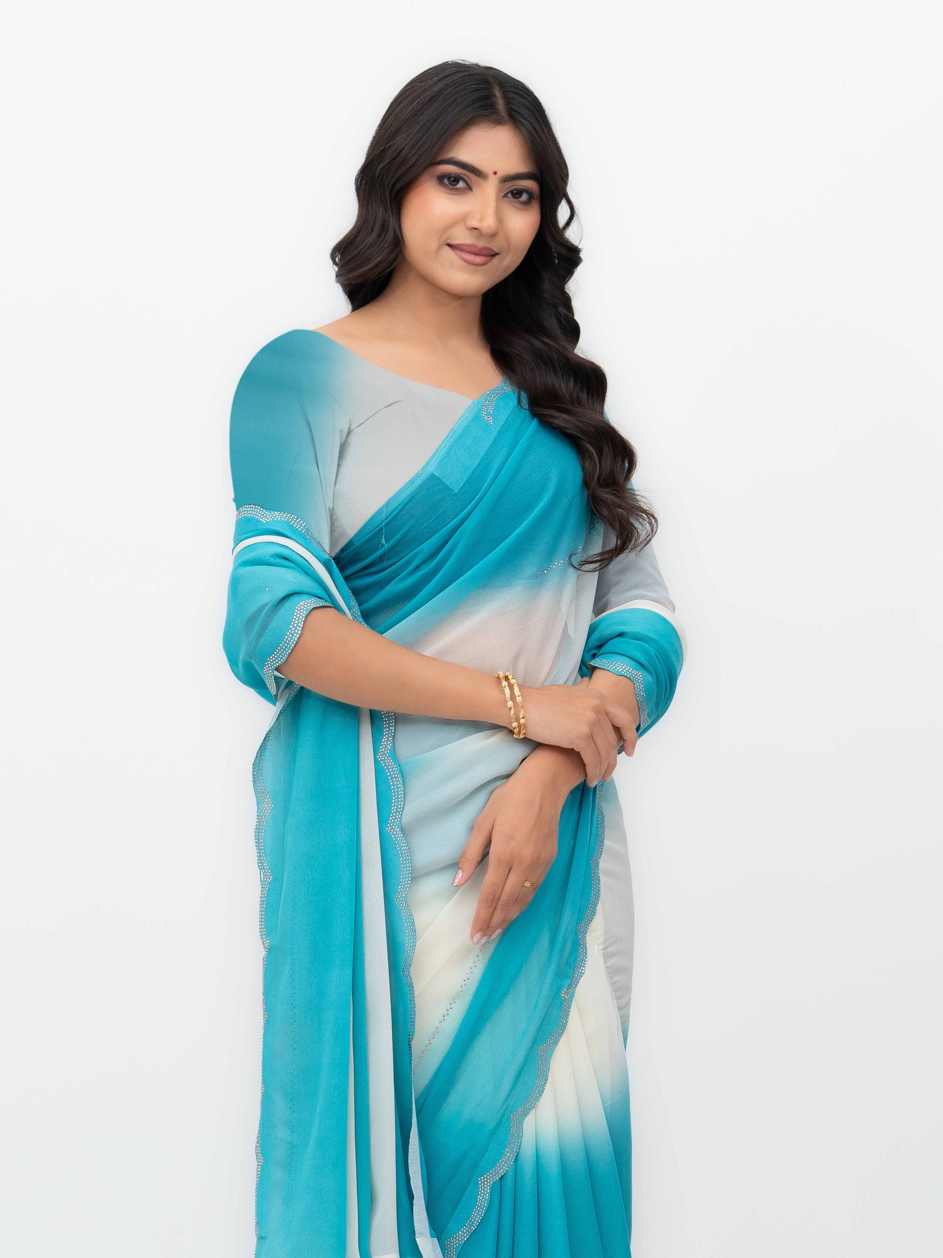 White & Sky Blue Georgette Saree