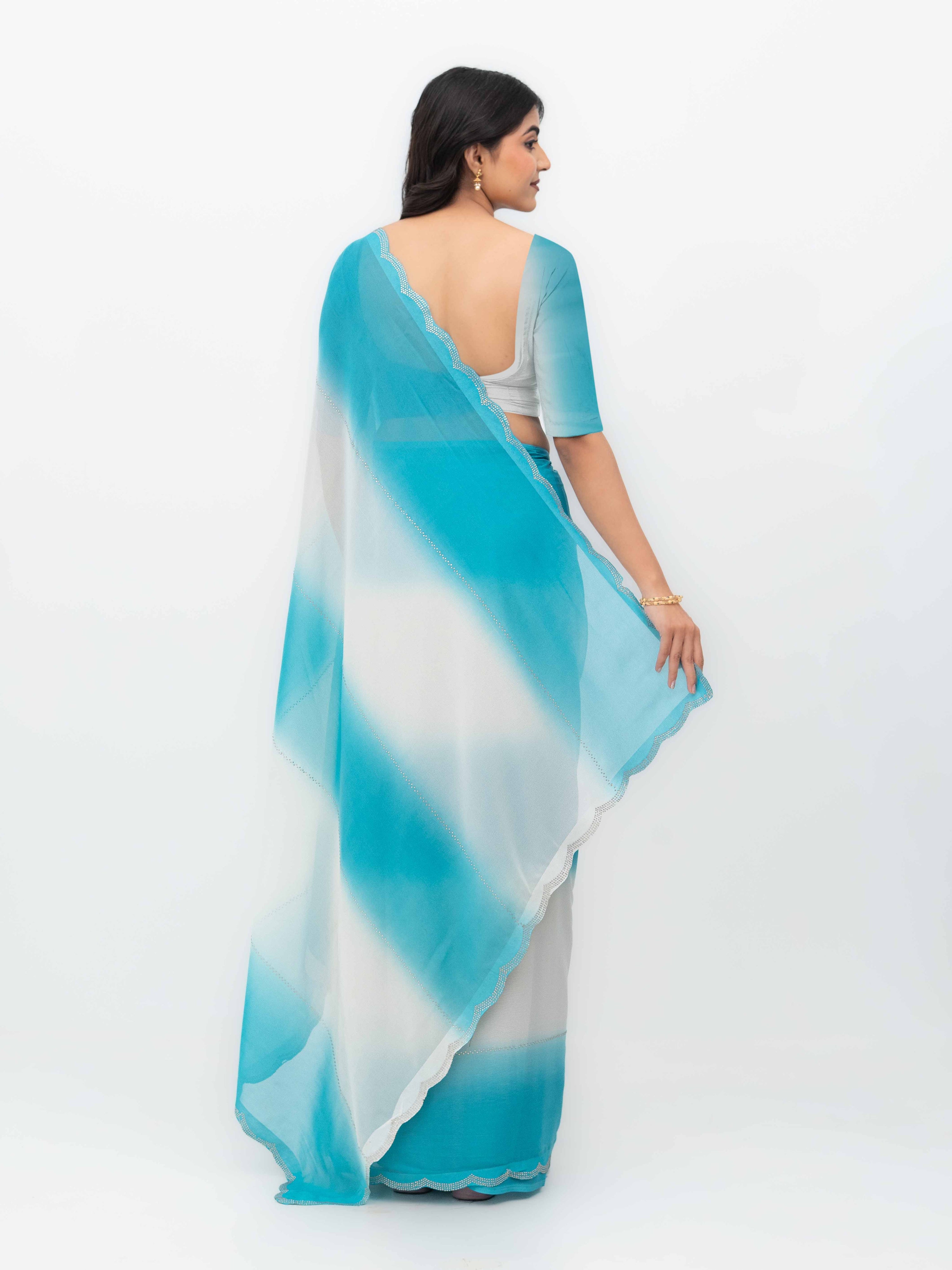 White & Sky Blue Georgette Saree