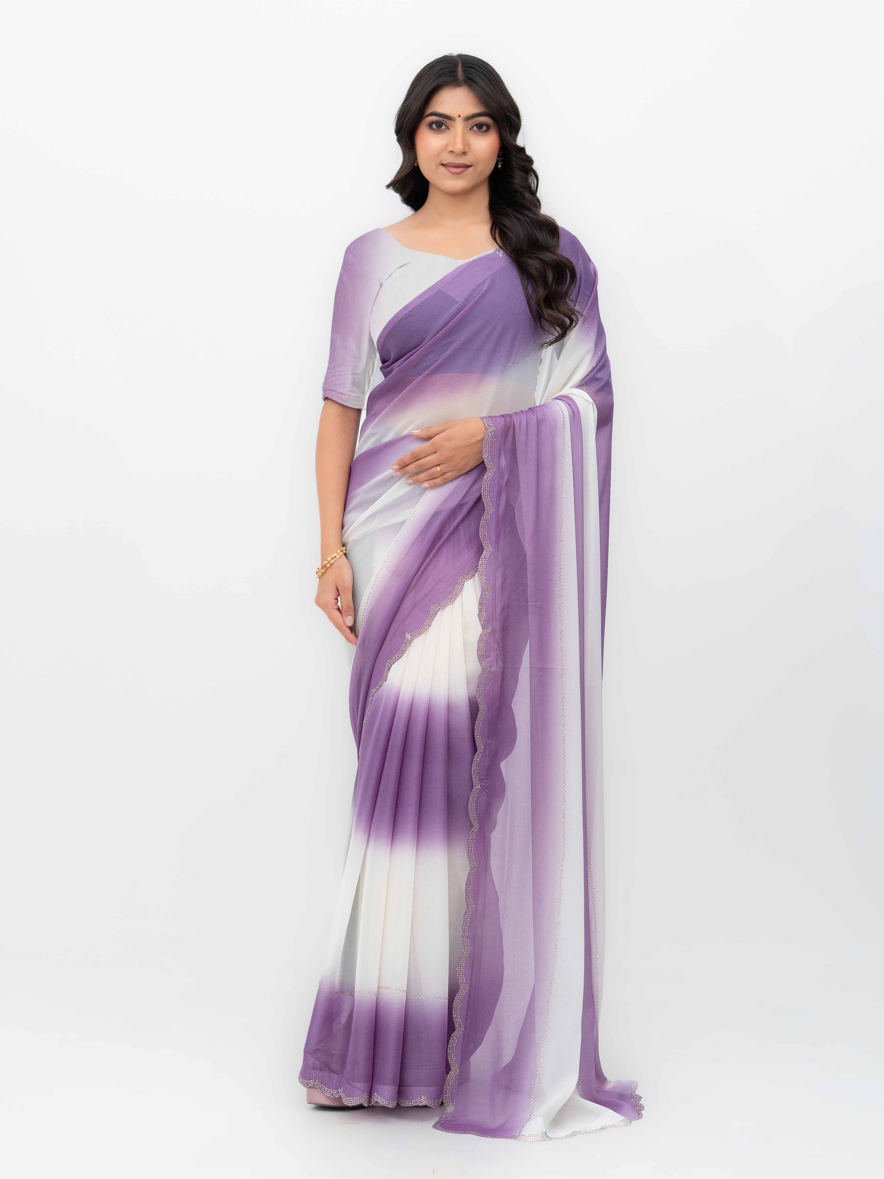 White & Purple Georgette Saree