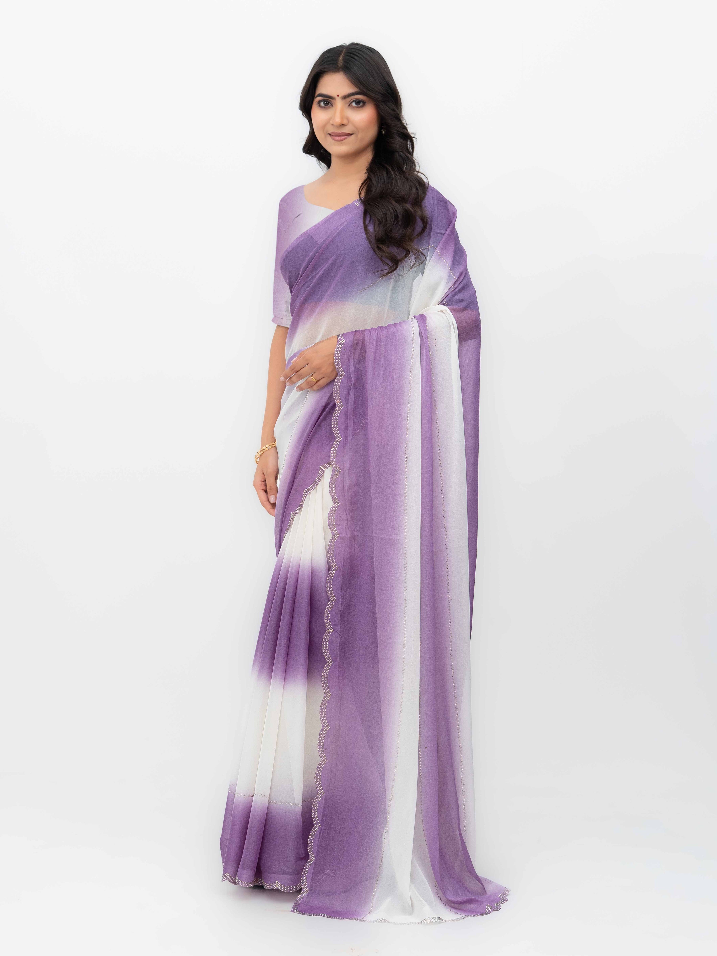 White & Purple Georgette Saree