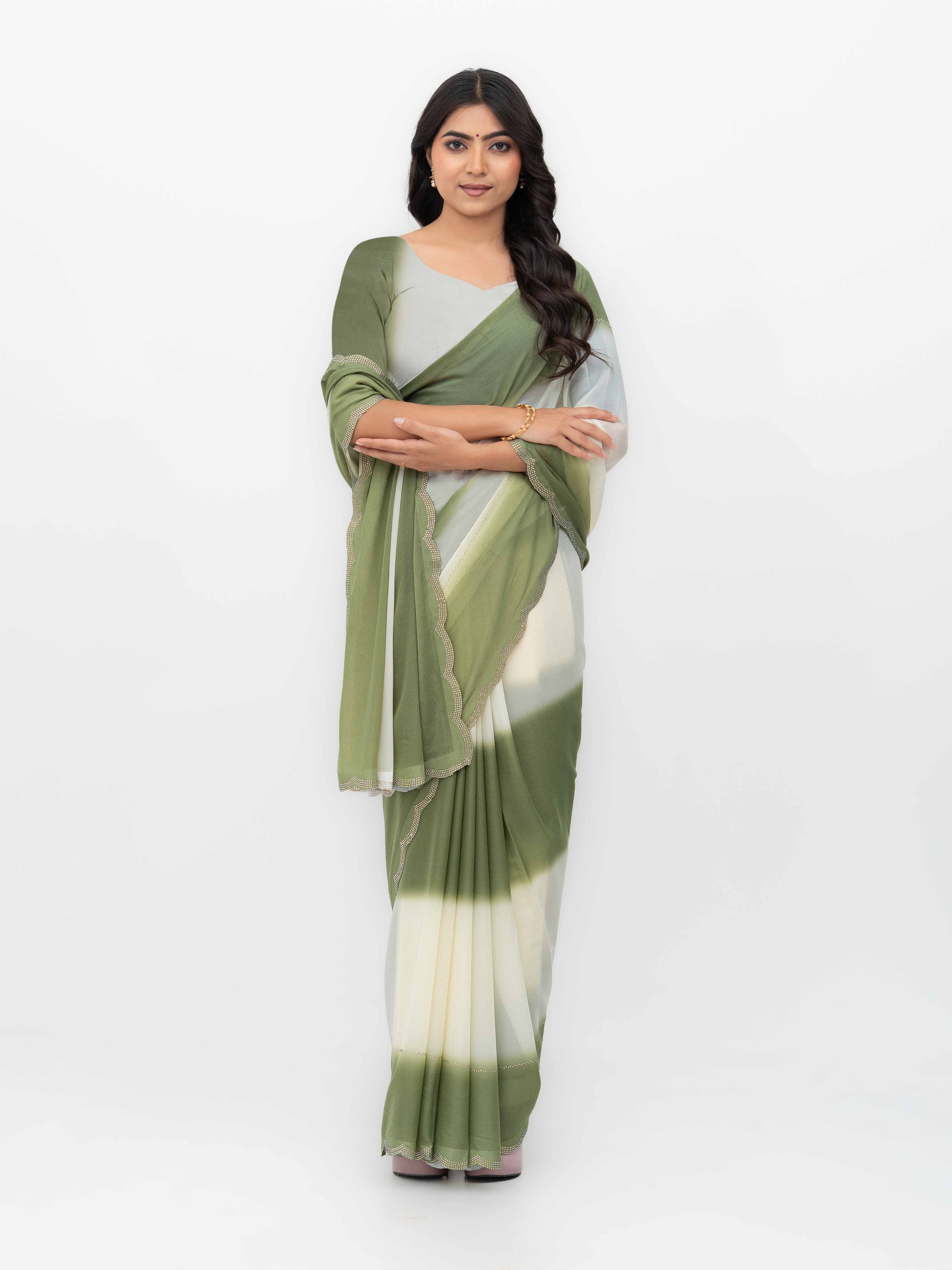 White &Olive Georgette Saree