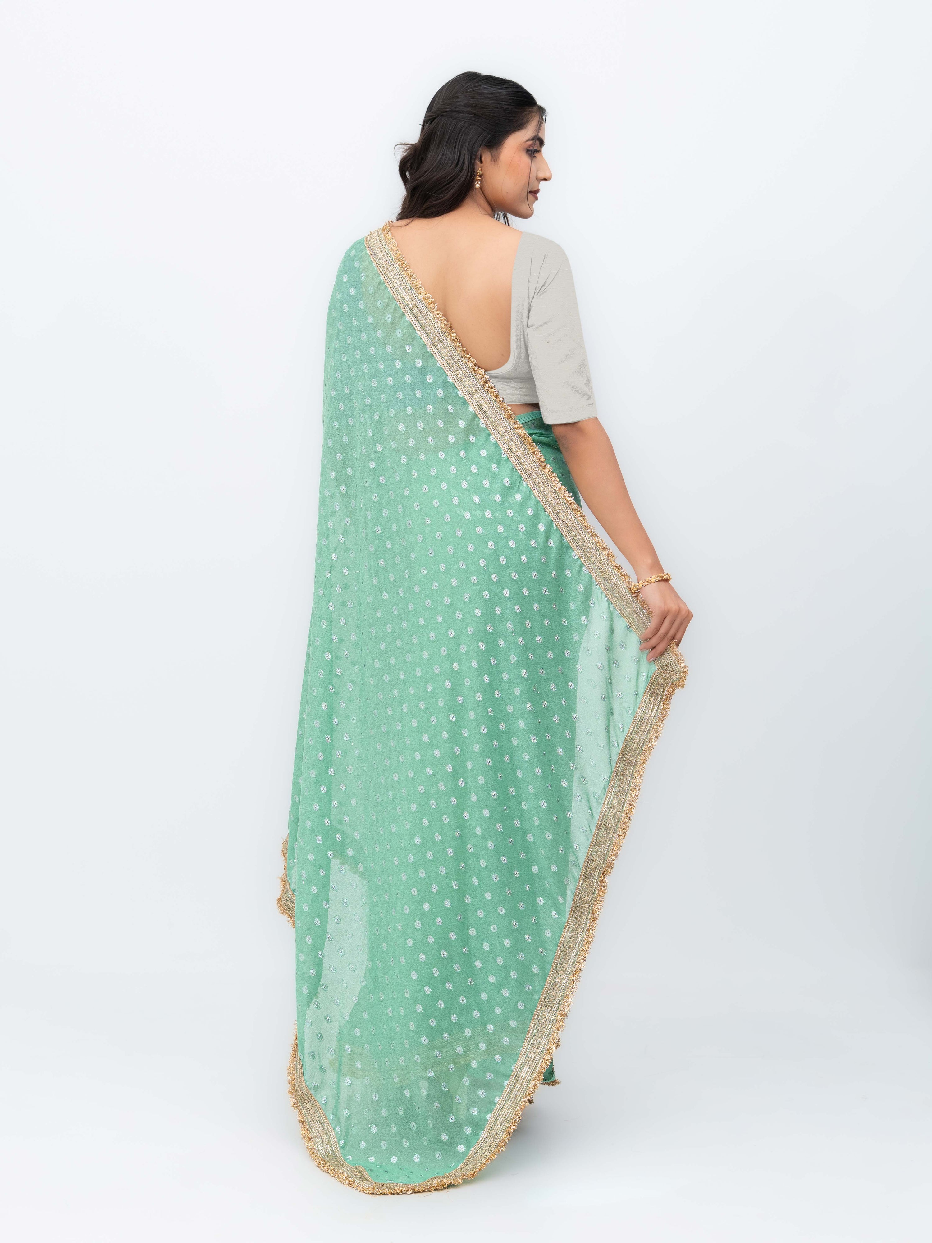 Sage Green Chiffon Georgette Butti Print Saree