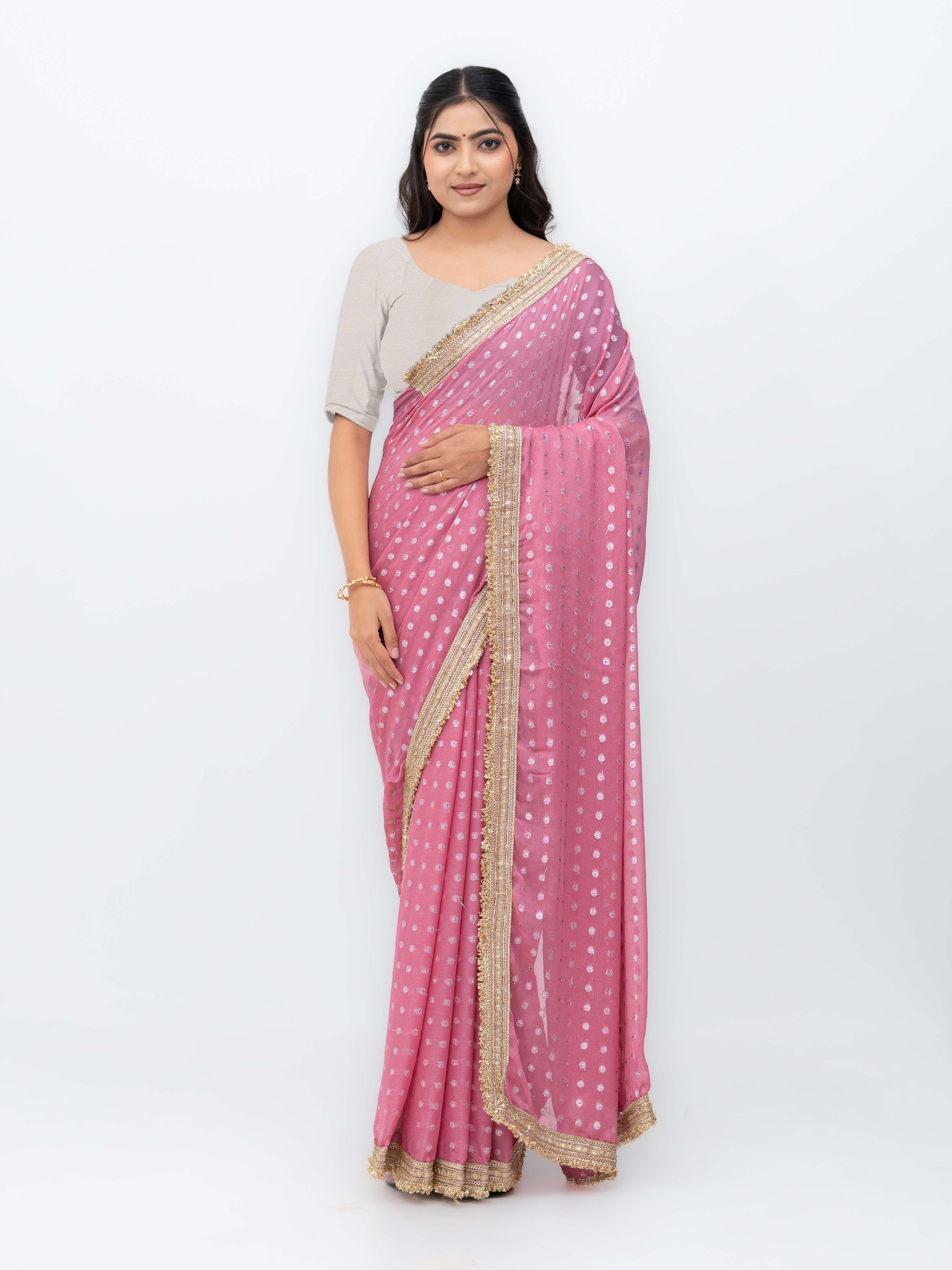 Pink Chiffon Georgette Butti Print Saree