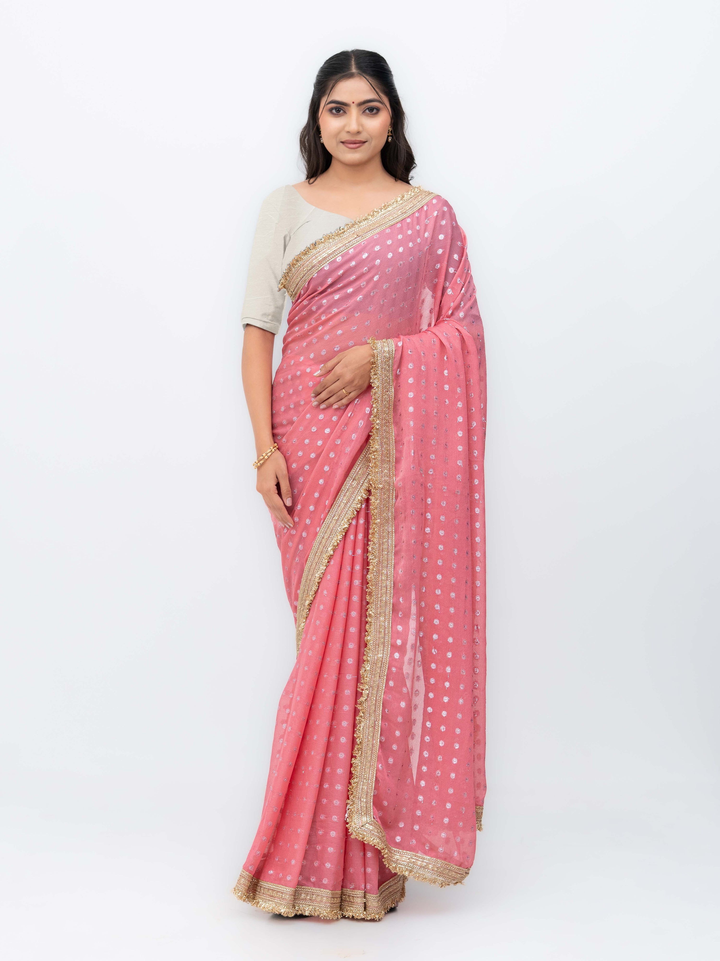 Peach Chiffon Georgette Butti Print Saree