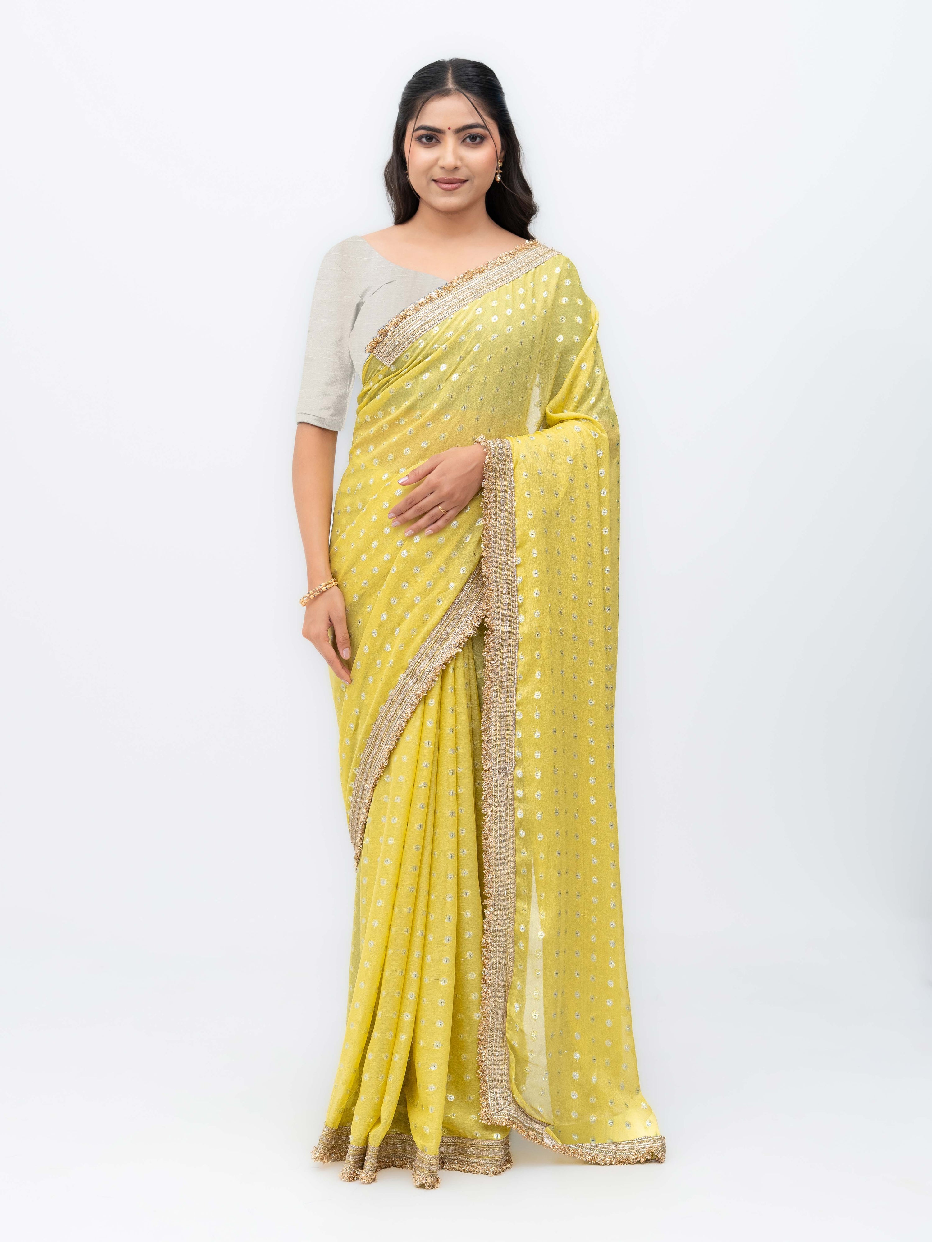 Yellow Chiffon Georgette Butti Print Saree