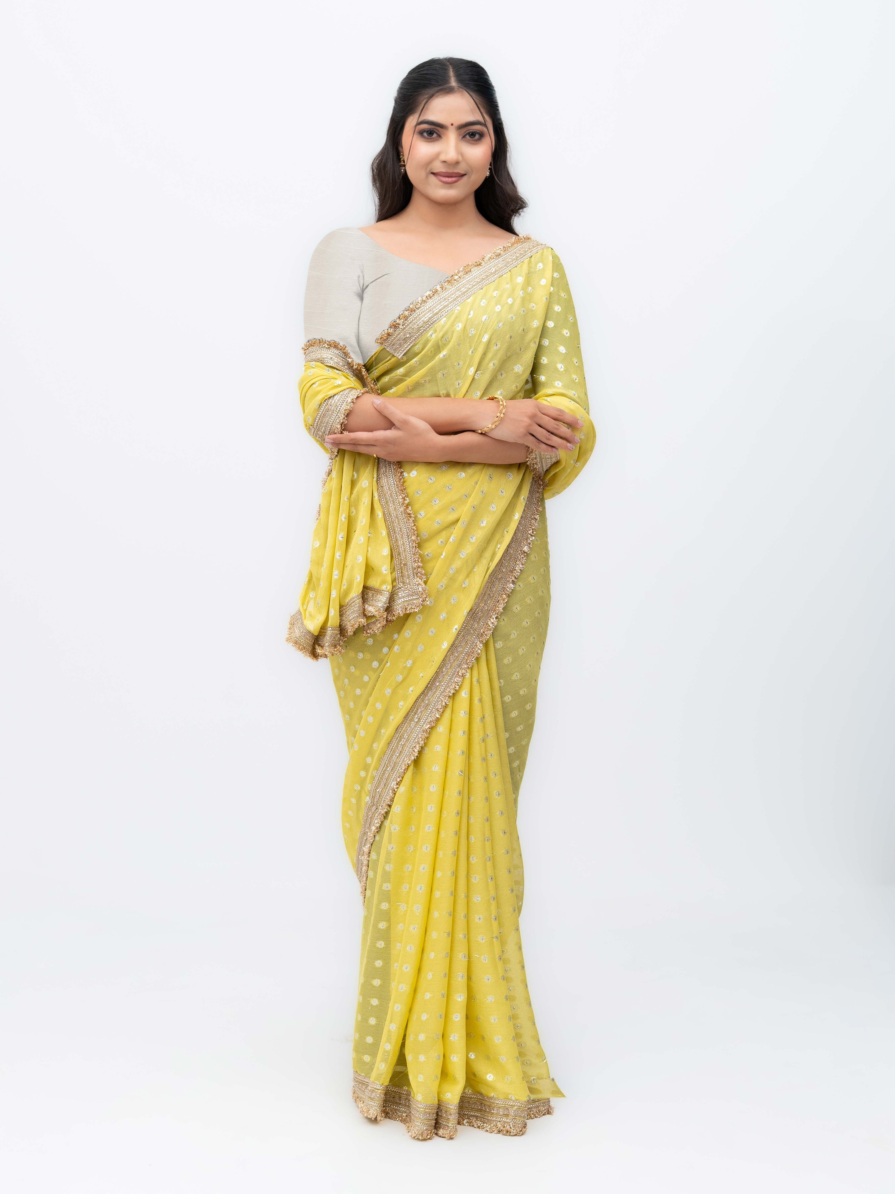 Yellow Chiffon Georgette Butti Print Saree