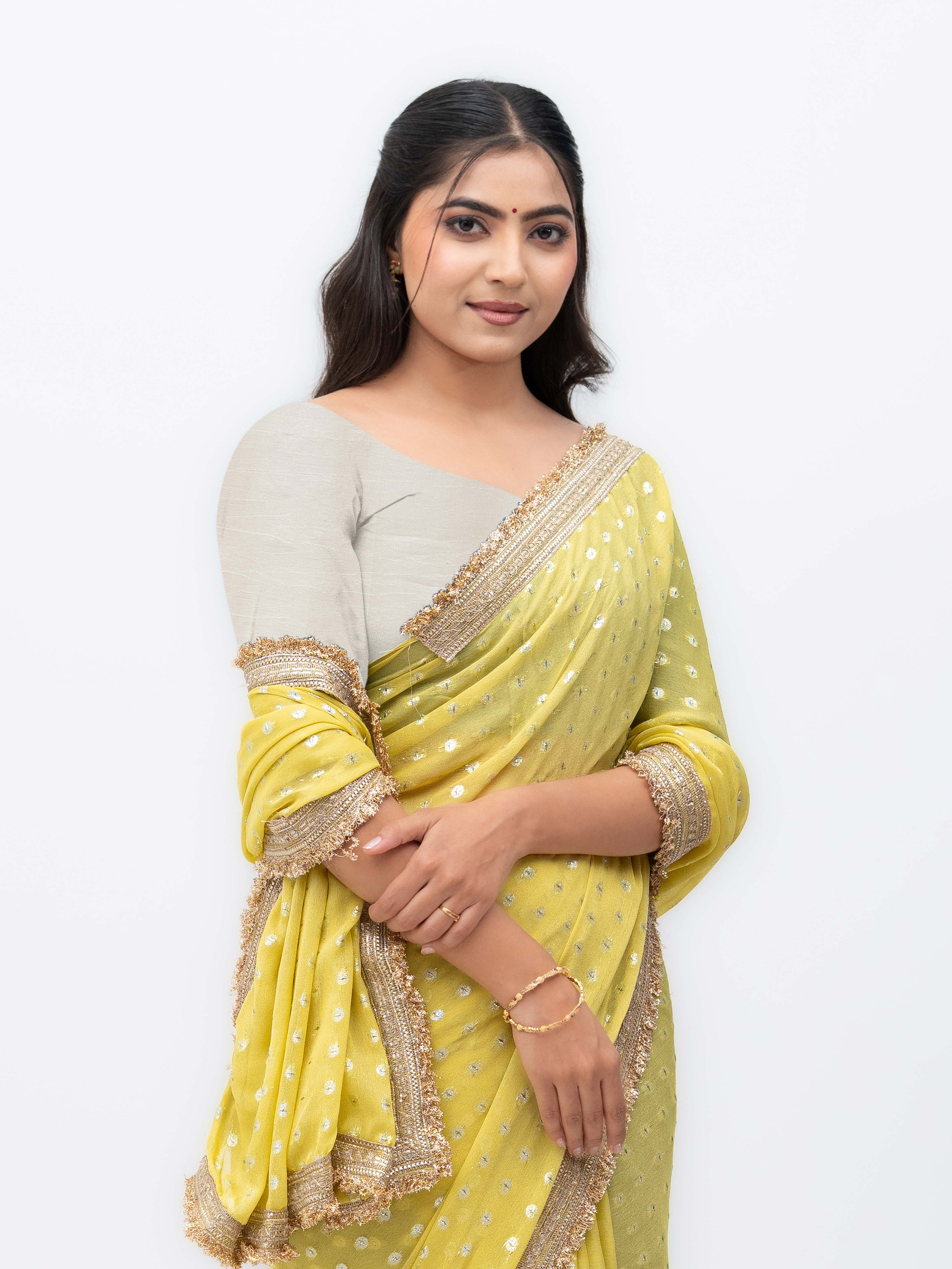 Yellow Chiffon Georgette Butti Print Saree